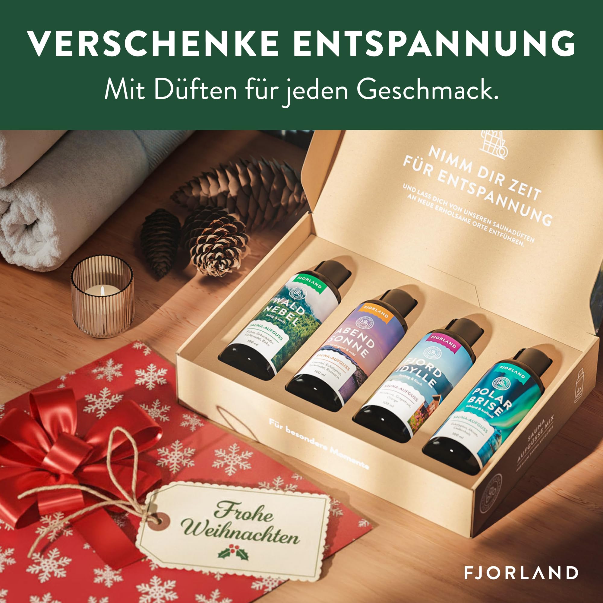 Fjorland Saunaaufguss Set BIO 4 x 100 ml Saunadüfte Geschenkset - Ätherische Saunaaufgüsse in hochwertiger Geschenkbox