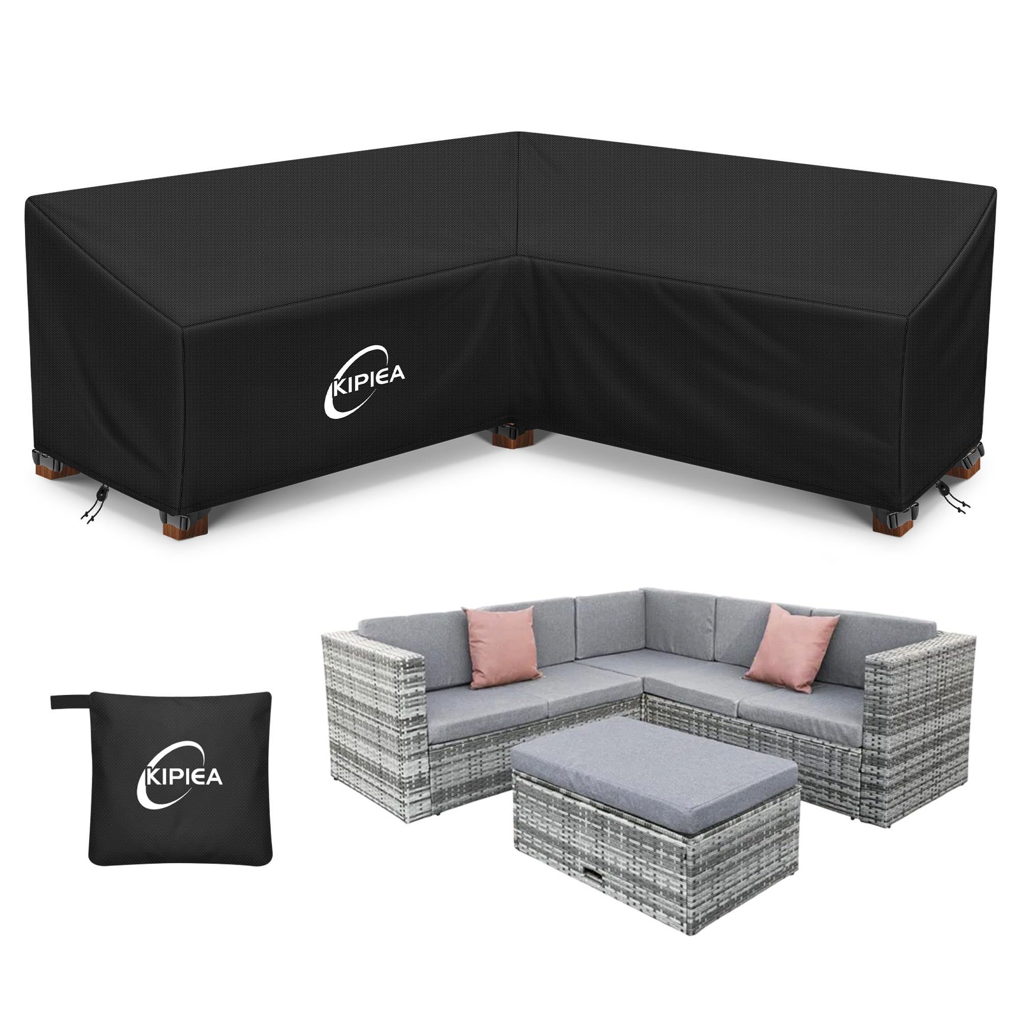 Kipiea Patio V-Shaped Sectional Sofa Cover, 420D Heavy-Duty Oxford Fabric Outdoor Sectional Cover with 6 Windproof Buckles, Anti UV and No Tears, No Fading (70"/70" L x 33.5" D x 31" H) Black