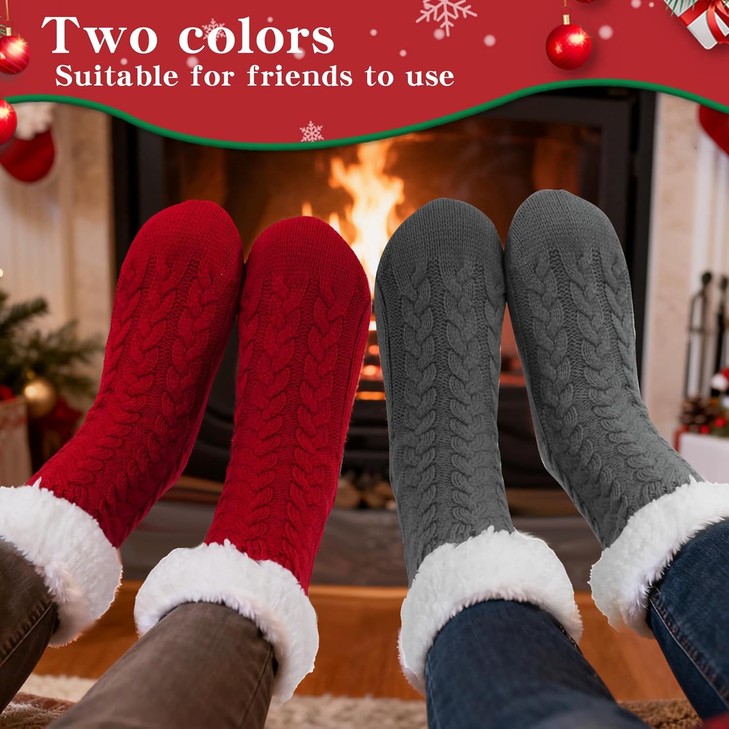2 Pairs Women's Knit Slipper Socks with Non-slip Grippers Women Winter Thick Slipper Socks with Grippers Warm Fuzzy Socks Christmas Gifts - Image 6
