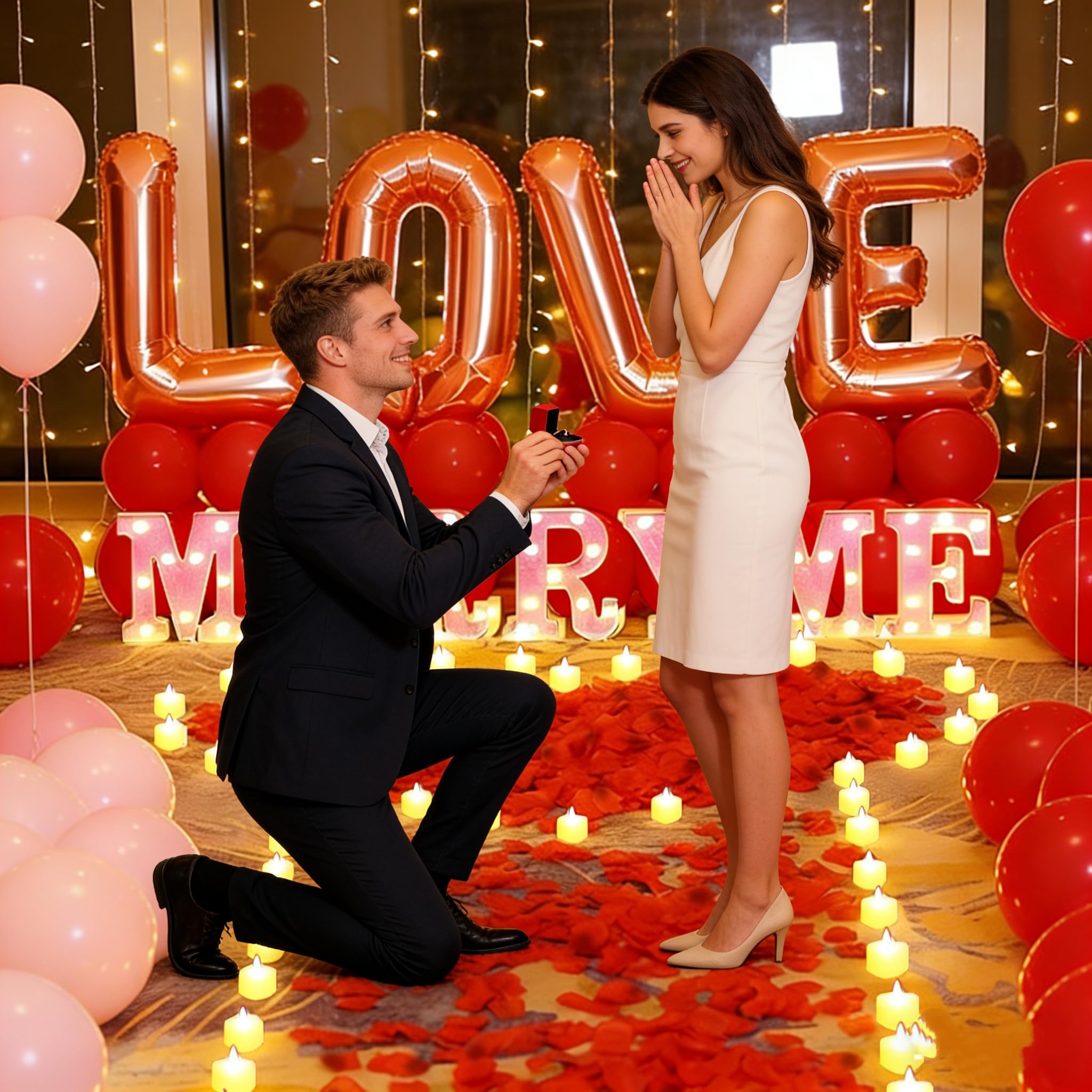 RANJIMA MARRY ME Leuchtbuchstaben als Dekoration für Heiratsanträge, 2000 künstliche Rosenblätter mit 24 Romantischen Flammenlosen Kerzen in Herzform für Hochzeitstag Braut Verlobung Valentinstag