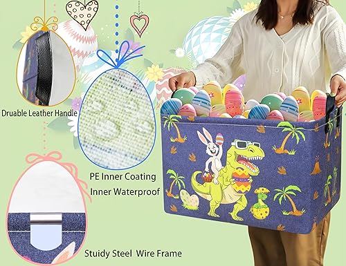 Miniatura 4 de Cestas de Pascua de dinosaurio grandes para niños, cesta de Pascua personalizada para bebé, color azul, decoración de primavera para niños