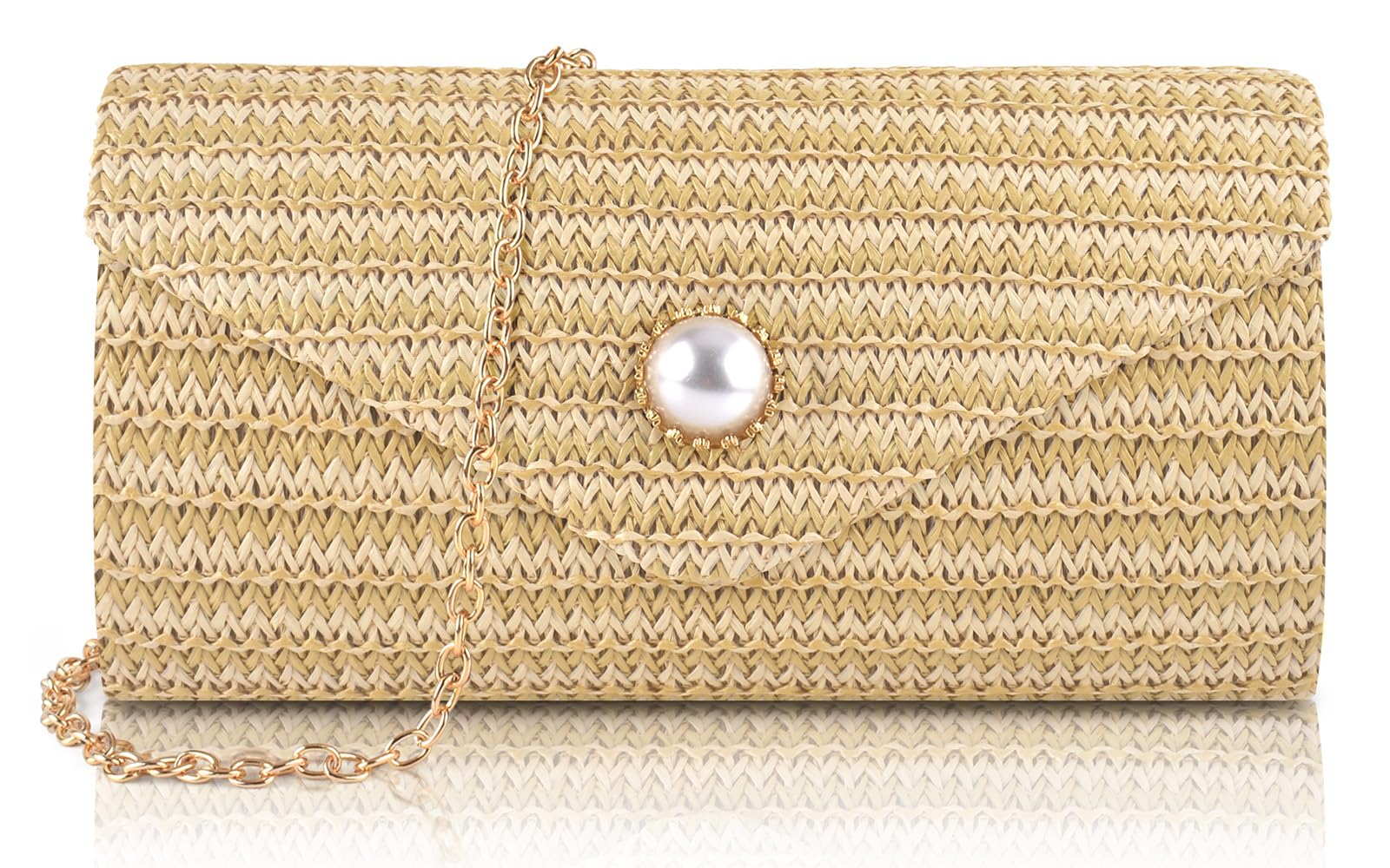 PACETAP Bolso de mano de paja para mujer, decoración de perlas, estilo bohemio, bolso cruzado para playa, viajes, vacaciones, fiesta, baile de graduación