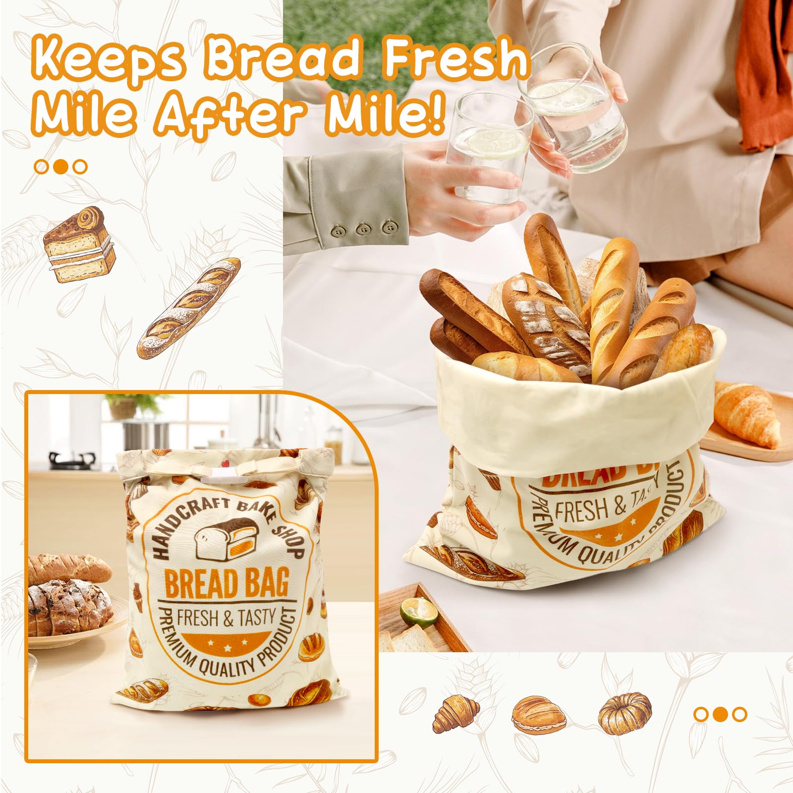 FWOAFTER - Bolsas de pan de cera de abeja para masa madre, paquete de 2 bolsas de pan reutilizables para panes caseros, bolsas de algodón de cera de abeja para mantener el pan fresco 6