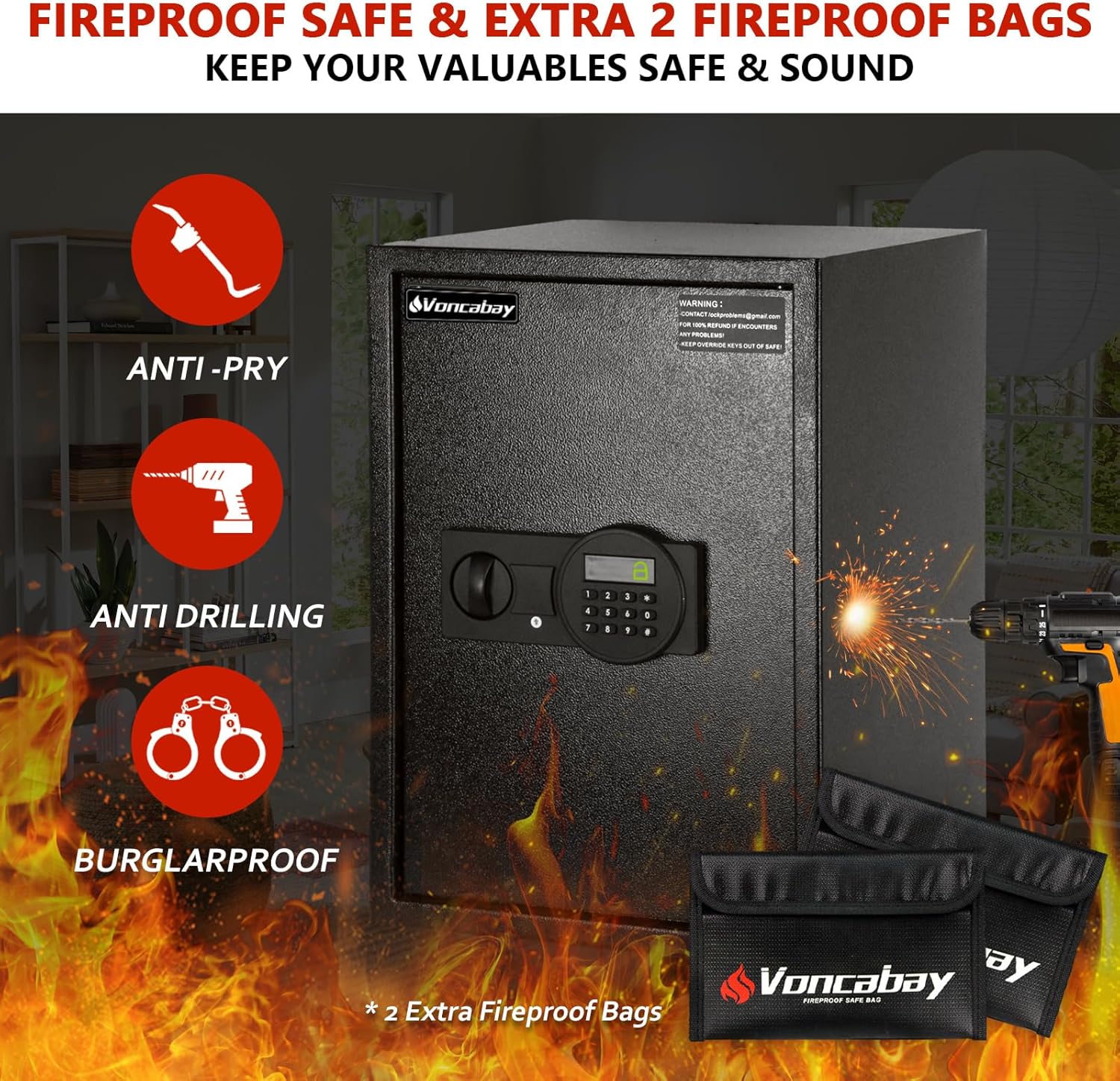 Voncabay Money Safe Box for Home with Sensor Light & Fireproof Money Bag - 2.2 Cubic Feet Security Safe Box with Digital Keypad, Keys & Pass Code Lock Black