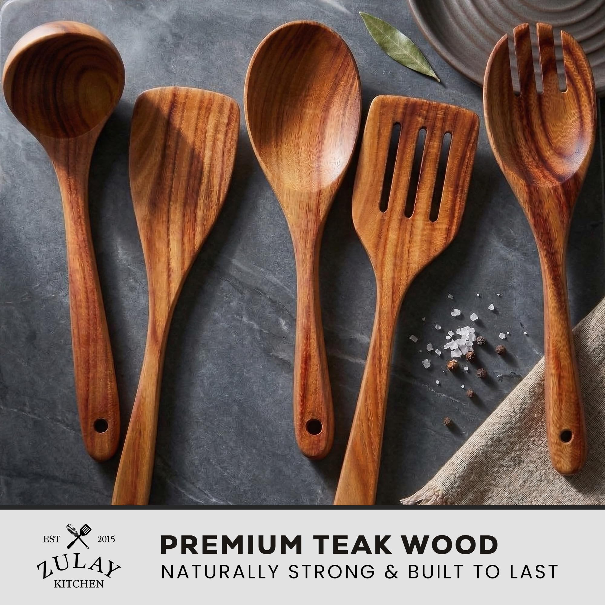 Zulay Kitchen Juego de 5 cucharas de madera extra grandes para cocinar, utensilios de madera de teca lisa, cucharas de cocina de madera antiadherentes de agarre cómodo, espátula grande, espátula,