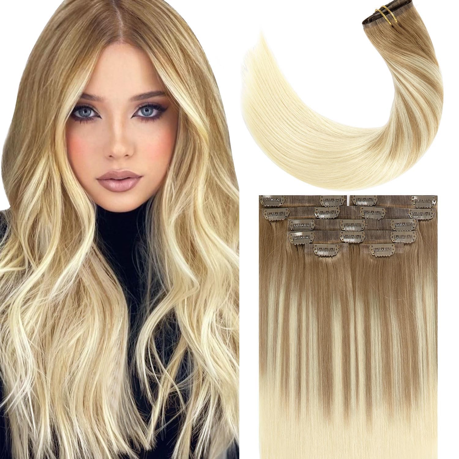 Lacer Hair Extensions Clip in Human Hair 16inch Light Brown Fading to Platinum Blonde 100% Human Hair Clip in Hair Extensions 7pcs 110g with 16 Clips