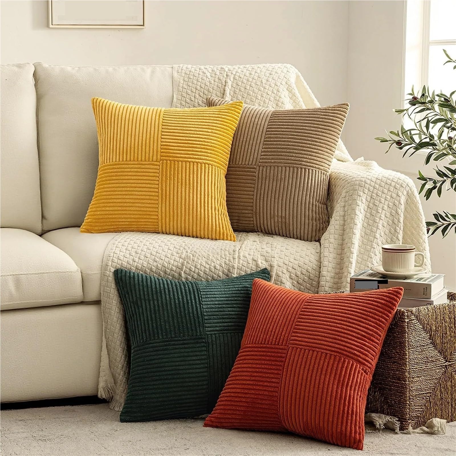 Fundas Cojines de Pana Fundas de Almohada 45x45CM, Estilo Bohemio, Pana Suave, Fundas Cojines a Rayas, decoración Decorativa for el hogar for sofá(Green,50x50CM 2Pcs)