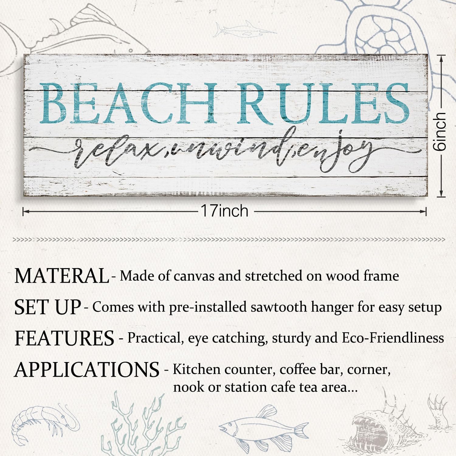 Vintage Beach Rules Signs Relax Unwind Enjoy Canvas Wall Art Summer Blue Plaque with Quote Sayings Art Rustic Farm House Style Beach Bathroom Wall Hanging Decor Sign 6 x 17 Inches Framed - Image 5