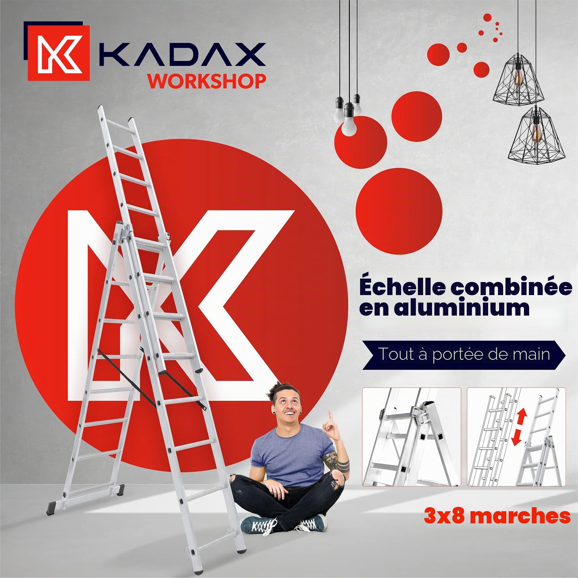 KADAX Échelle Transformable de 3 Plans, Échelle Coulissante en Aluminium, Échelle Double pour Travaux Domestiques et Professionnels (8 Marches)
