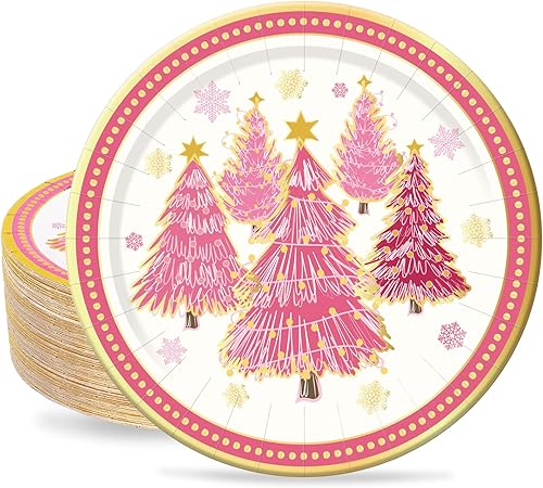 40 platos de Navidad de 9 pulgadas, platos de papel desechables de papel de lámina dorada, platos de fiesta de árbol de Navidad rosa para fiestas,