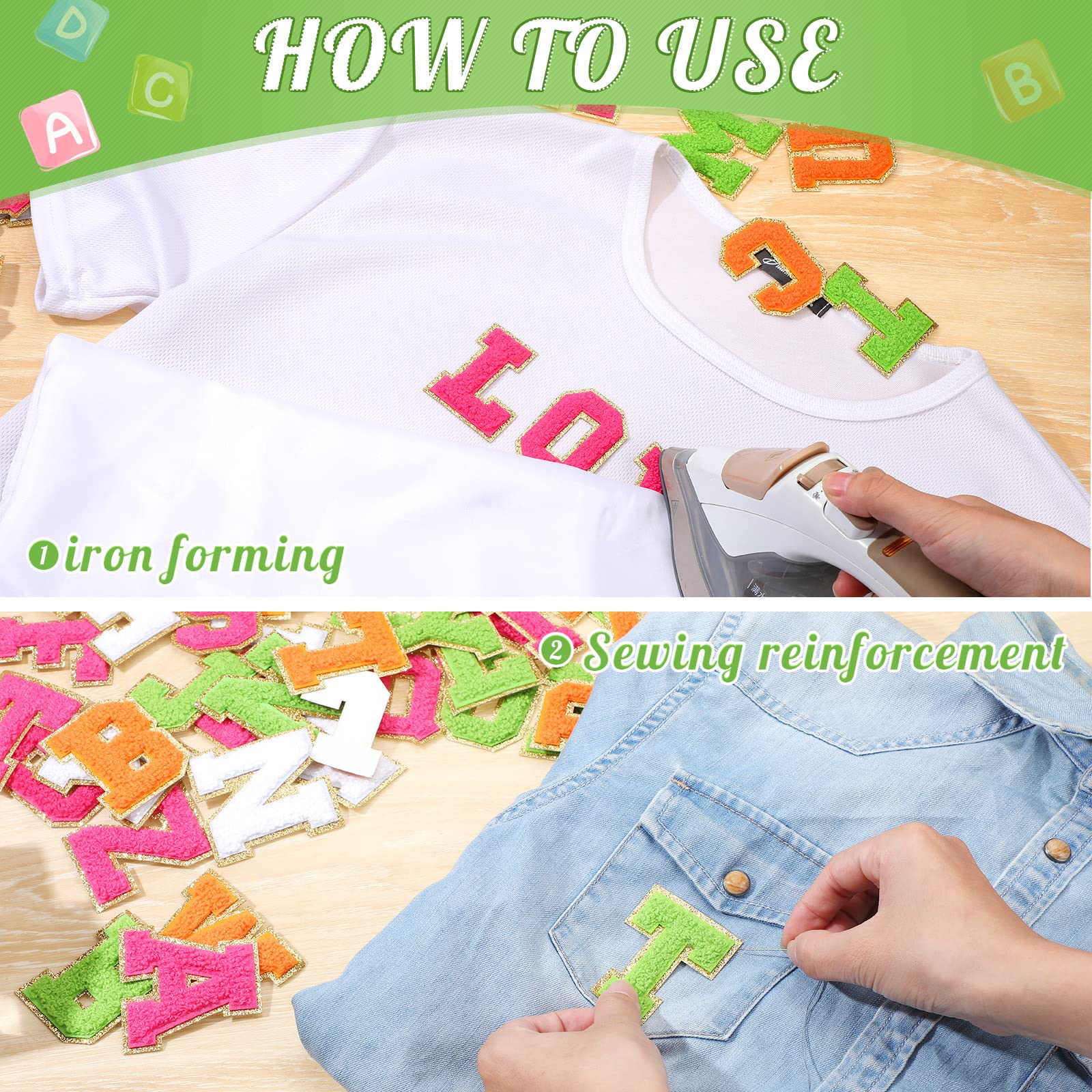 104 parches de letras termoadhesivos de felpilla A-Z, parches bordados de letras para coser con borde dorado para bolsos, camisas (color fresco, 2.36 pulgadas)