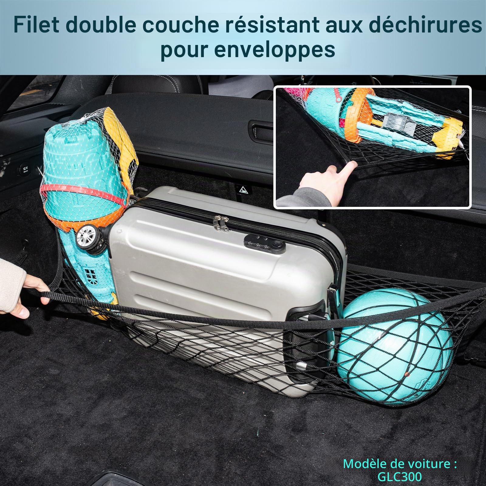 Filet de Coffre 90 x 30 cm – Extensible jusqu'à 194 x 47 cm, 8 Crochets, renforcé et élastique – idéal pour Bagages, SUV et Voyages | Filet de rangement pour coffre de voiture, filet de protection hautement élastique pour camping-car et SUV
