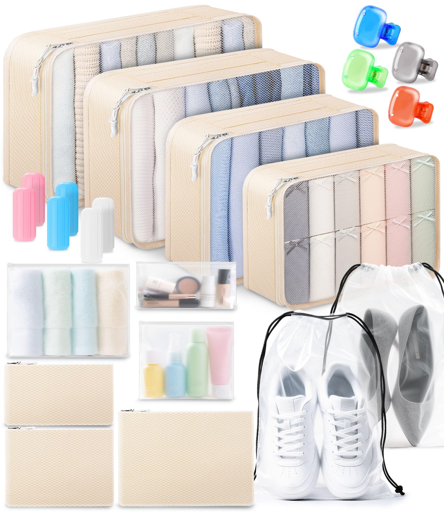 All-in-One 22 Pcs Packing Cubes for Travel Essentials –Includes Cubes,toothbrush covers，Silicone Bottle Cover,zipper bags, Matte Cosmetic Bag, Drawstring bag for Carry-On & Suitcase