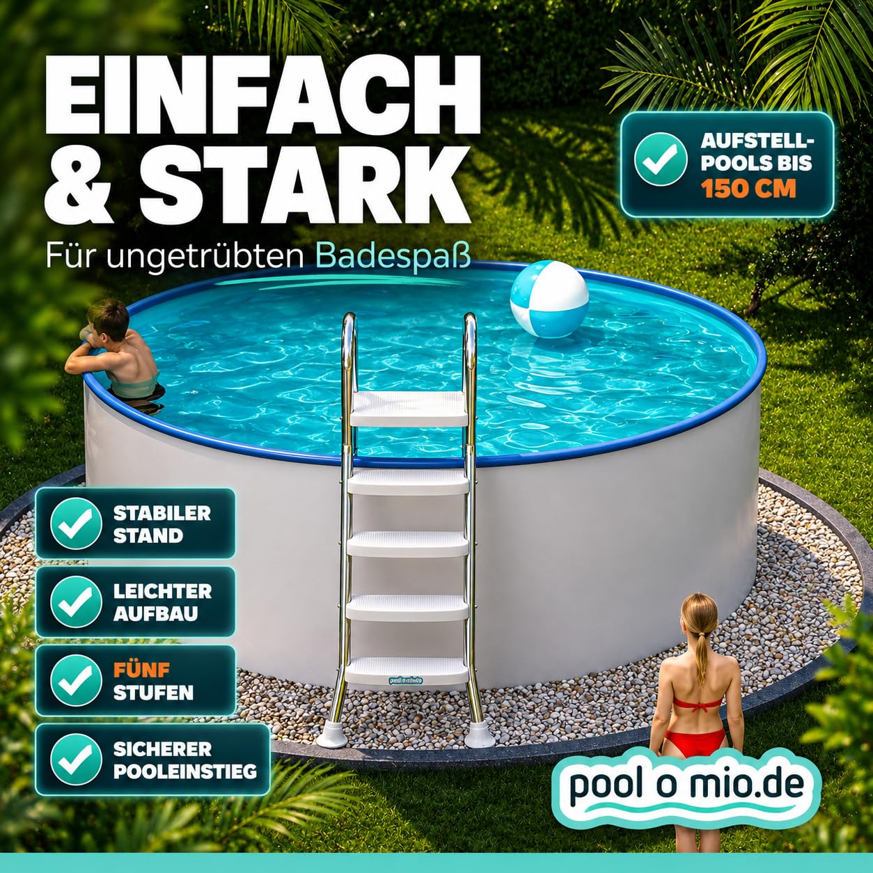 poolomio® Poolleiter Edelstahl V2A mit Handlauf bis 150 cm | Einstiegsleiter mit 5 Stufen für Pools bis 1,50m Höhe | sicherer Einstieg, langlebig, stabil | Sicherheitsleiter Traglast 150 kg