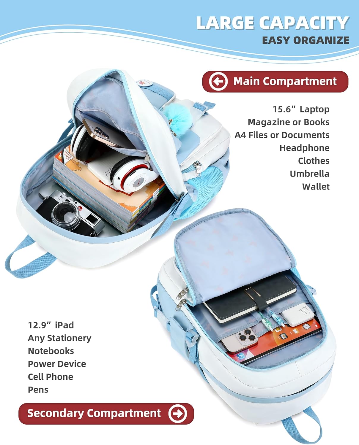 Hidds Laptop Backpacks 15.6 Inch School Bag Elementary Middle High College Backpack Cute Bookbags Anti Theft Travel Back Pack Casual Daypack Kids Book Bag for Teens Girls Women Students-Blue Beige - Image 3