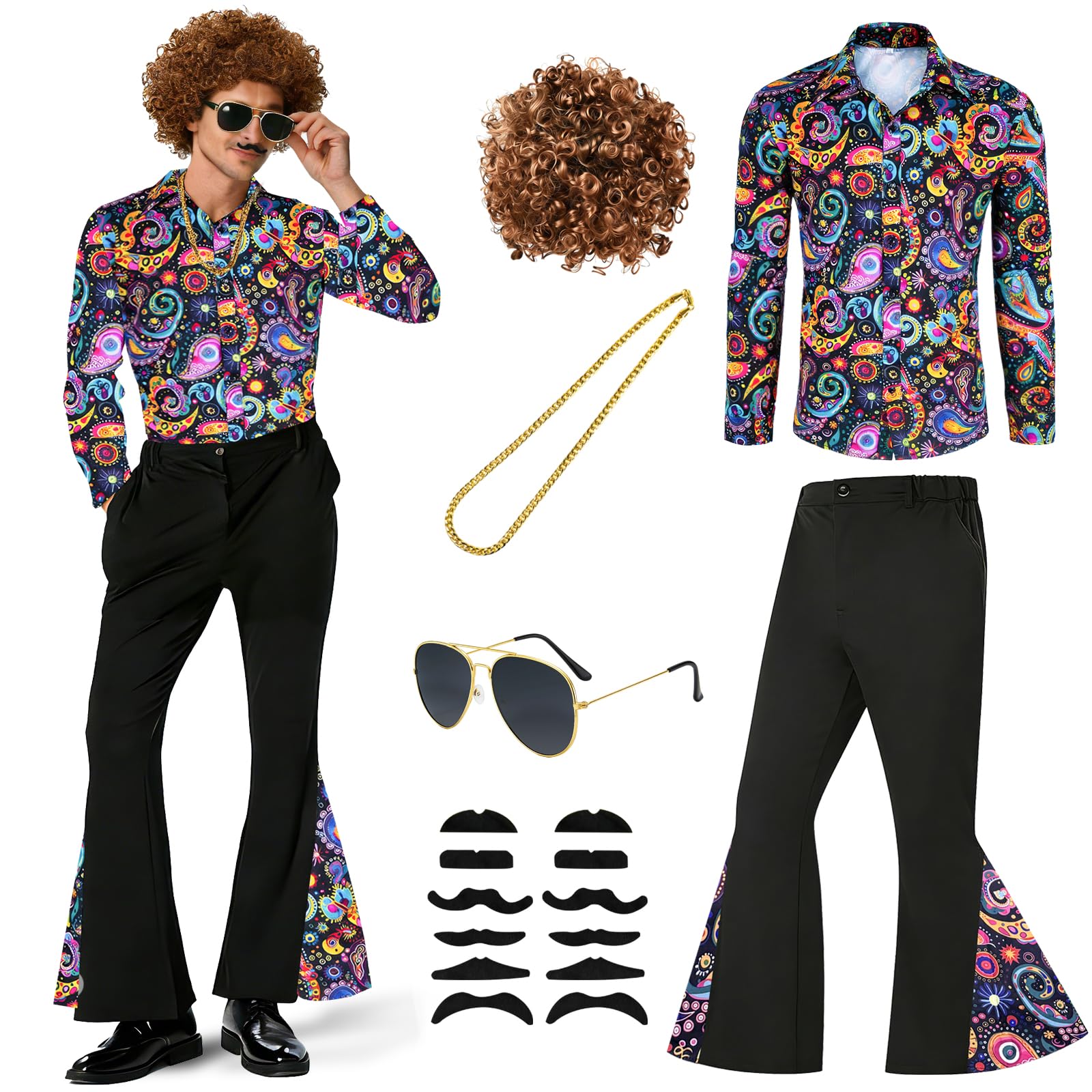 PATEMZON Disfraz de los años 70 para Hombre, Camisa hawaiana, Disfraz Hippie para Hombre, Pantalones de Bateo, Peluca, Cinturón, Gafas, Barba y Cadena de Oro, Disfraz Hippie de Carnaval
