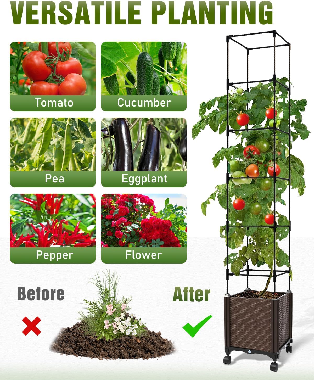 Jayhalo 71inch Planter Boxes Outdoor, 3-in-1 Planter Box with Trellis with Wheels for Growing Vegetables, 6 Layer Tomato Cage with Tomato Planters, Self Watering for Indoor Outdoor Use