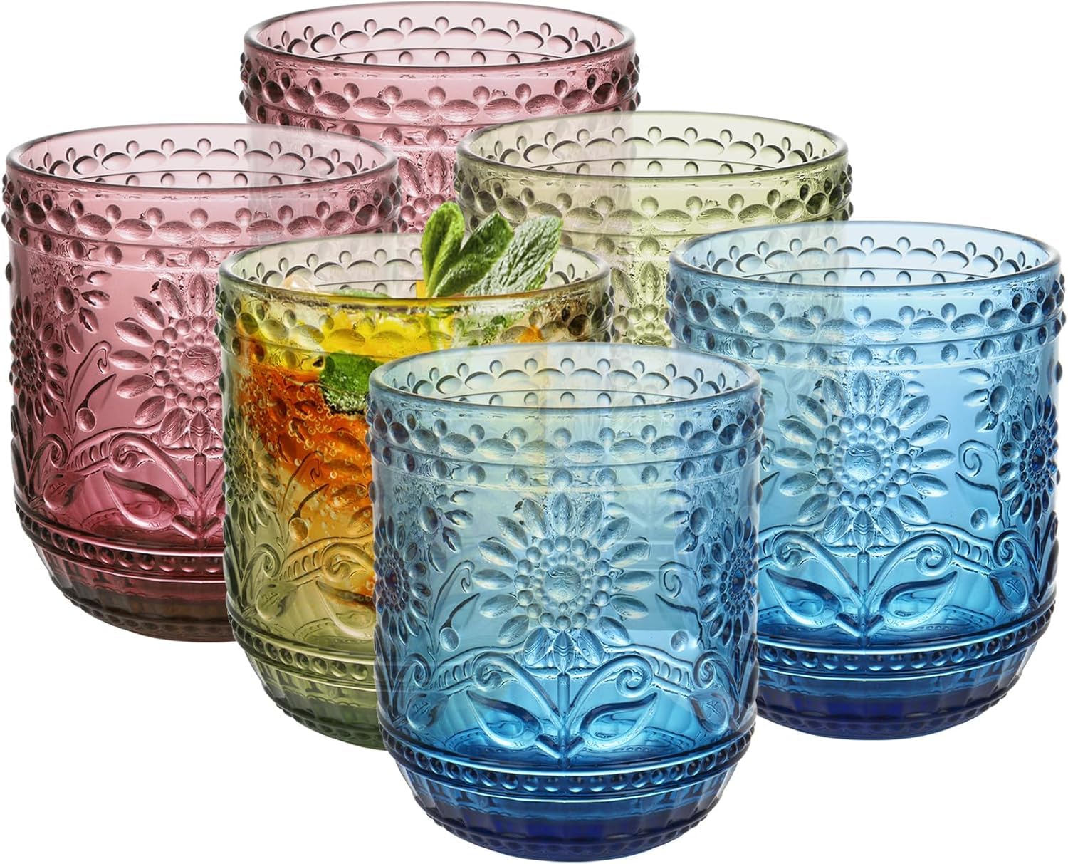Ulable Set of 6-360ml/12oz Vintage Tumbler Glasses - Decorative Floral Embossed Water Glasses - Heavy Duty Glassware Beverages Tumblers for Whisky, Beer, Juice, Wine, 2Green + 2Blue + 2Pink