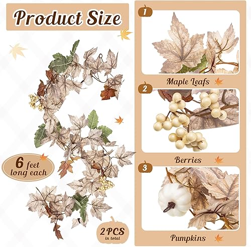 Miniatura 2 de Riceshoot 2 guirnaldas de otoño de 6 pies, guirnalda de hojas de arce, calabaza y bayas de otoño de 6 pies, guirnalda de Navidad, Halloween,