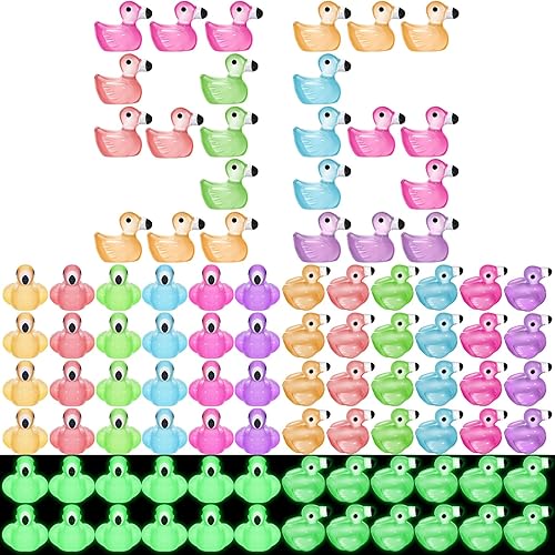 96 piezas luminosas de mini patos flamencos en miniatura que brillan en la oscuridad resina flamenco pequeño pato diminuto figuras de animales de
