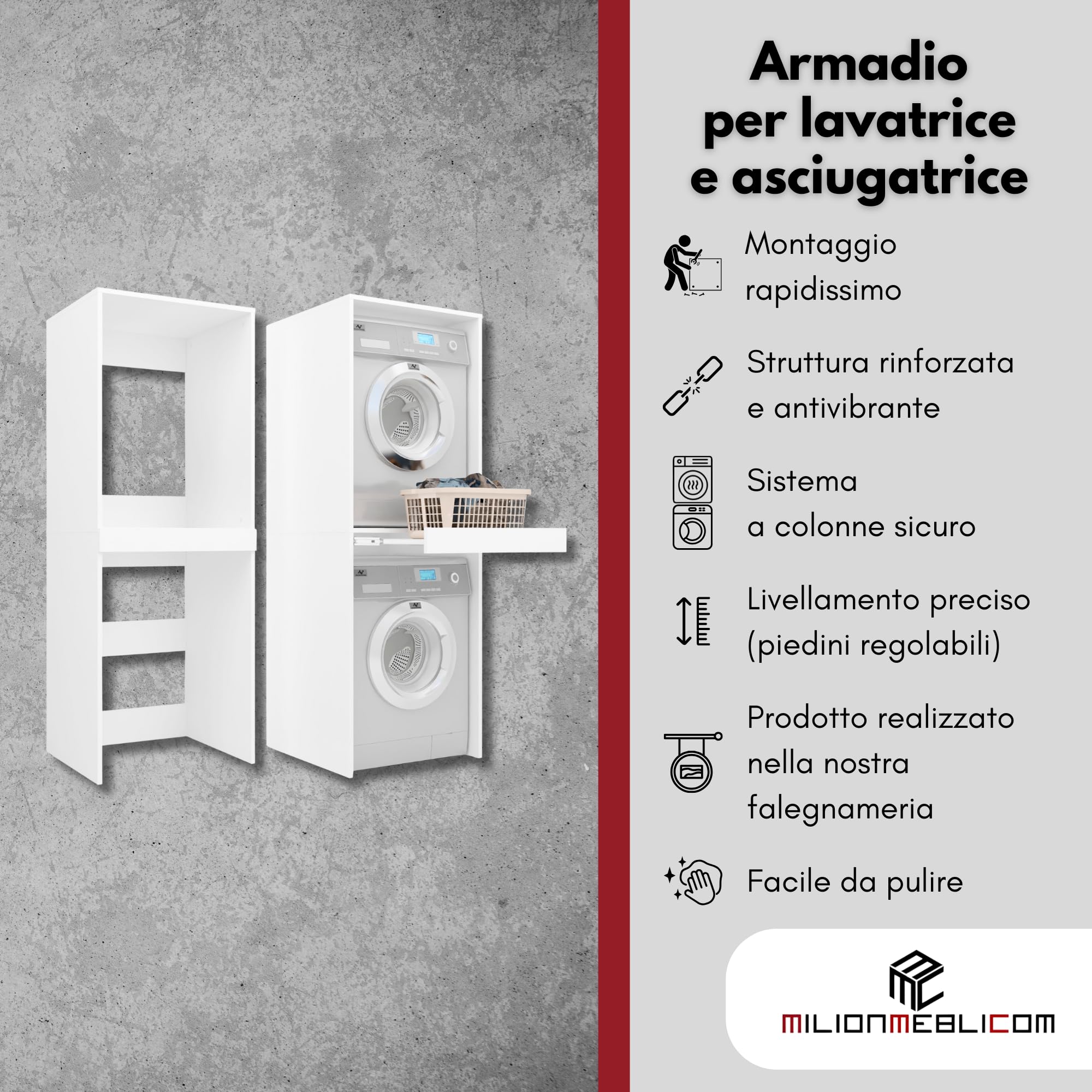 Mobile Lavatrice e Asciugatrice Colonna LUNA Salvaspazio Mensola Estraibile Ripiani Struttura Robusta Mobile Bagno Lavanderia 183,7×65×66 cm Bianco Opaco