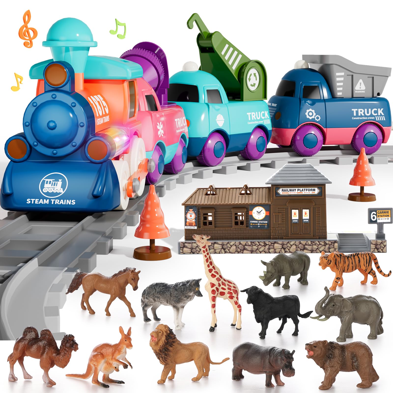 BLF FUN Train Set for Toddlers, Electric Train Toys with Light, Music and Animals, Toddler Magnetic Train Track Playset 3-5, Birthday Gifts for 3 4 5 Years Old Boys Girls