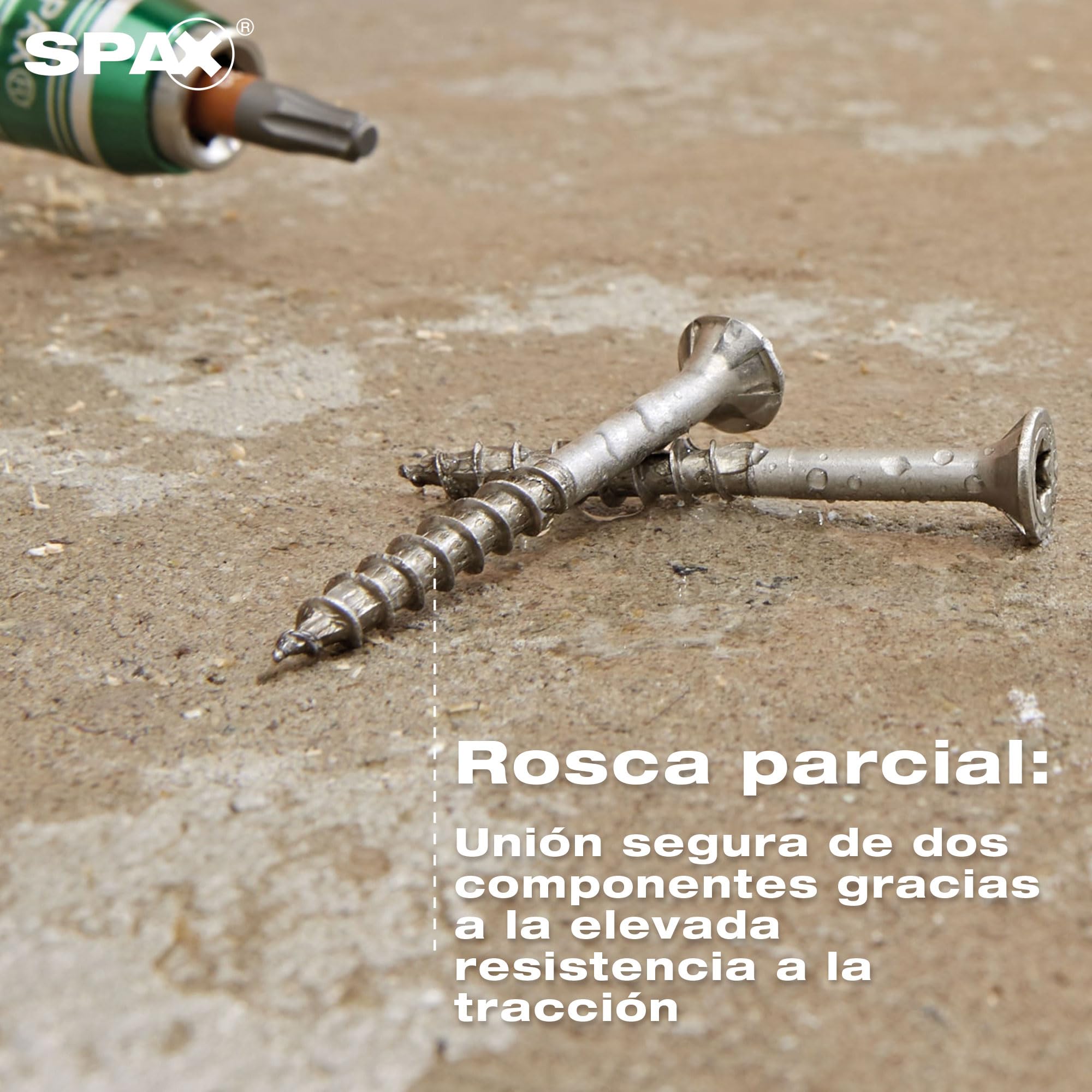 SPAX Tornillo de Acero Inoxidable A2 6 x 100 mm T30, 90 pzas. | Cabeza avellanada MULTI con rosca parcial, punta 4CUT y perfil ondulado para madera en exterior y jardín.