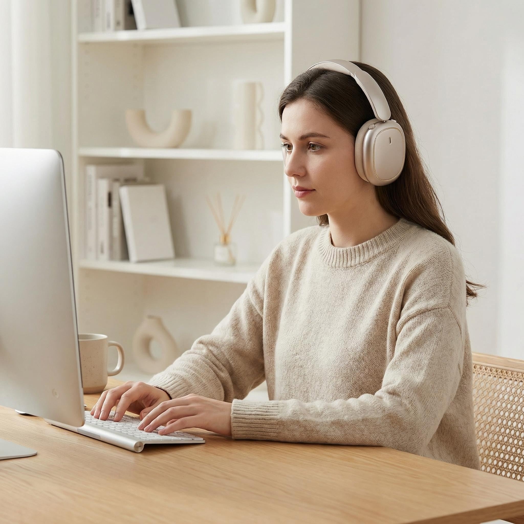 ND905-ANC Auriculares Inalámbricos Diadema Bluetooth 5.4, Cancelación Ruido Activa (3 Modos), 3 Ecualizadores, 40H Autonomía, Almohadillas Magnéticas y Conexión Dual (Beige)