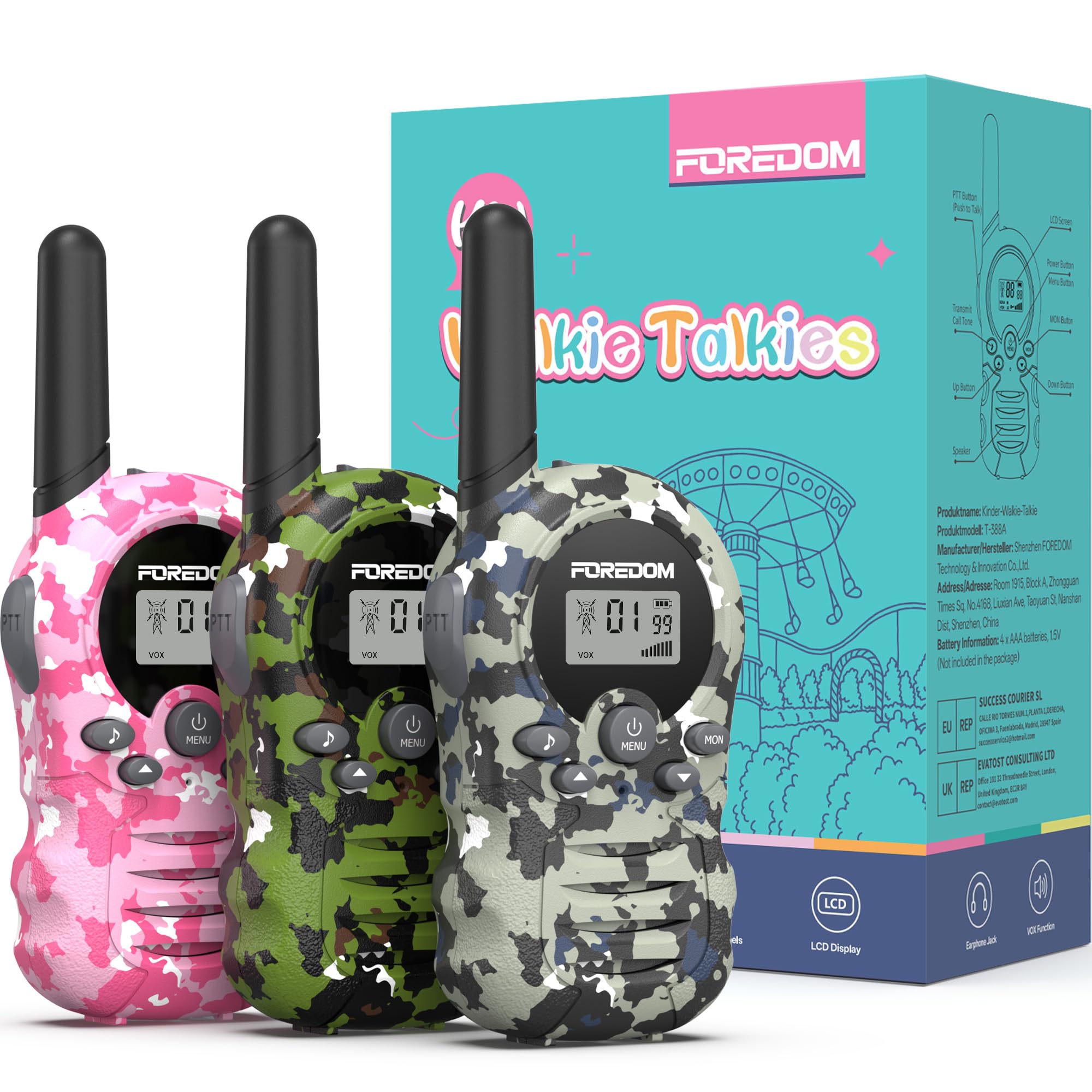 FOREDOM Walkie Talkies für Kinder Walkie Talkies Funkgeräte Set Spielzeug für Jungen & Mädchen 3-12 Jahre, Geschenke Outdoor-Abenteuer – 3er Set