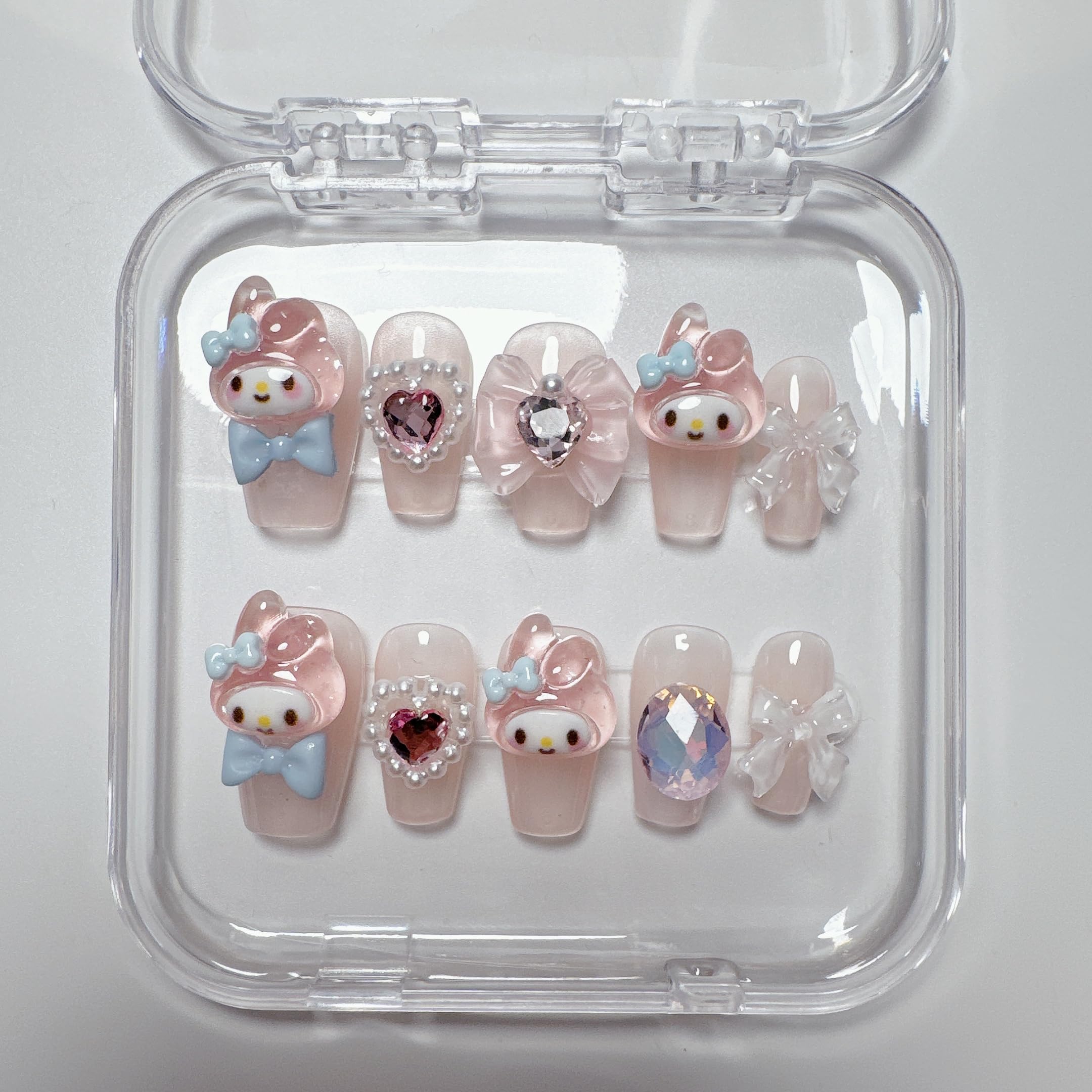 NLSJMP Acrylic Pink Rabbit Press on Nails Medium Square,Reusable Handmade Kawaii bow pearl Gel Nails Press On, Luxury Fake Glue Stick on Nails,10