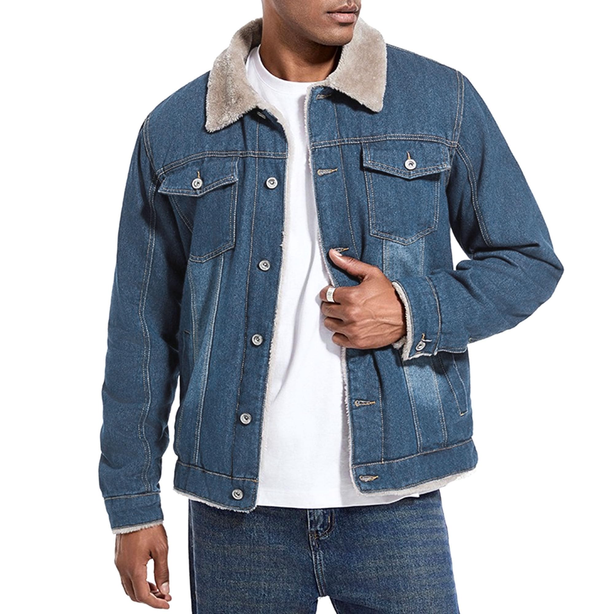 Chaqueta vaquera con forro polar para hombre, cuello de piel sintética, abrigos de invierno cálidos con botones, elegantes jeans casuales para exteriores