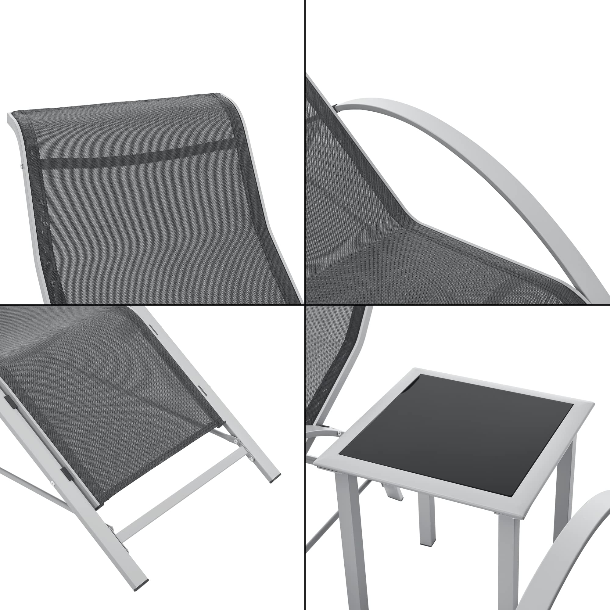 [en.casa] Juego de Muebles de Jardín Binetto Set de 2 Tumbonas con 1 Mesa Exterior Balcón Terraza Piscina Jardín Acero Vidrio - Gris Negro