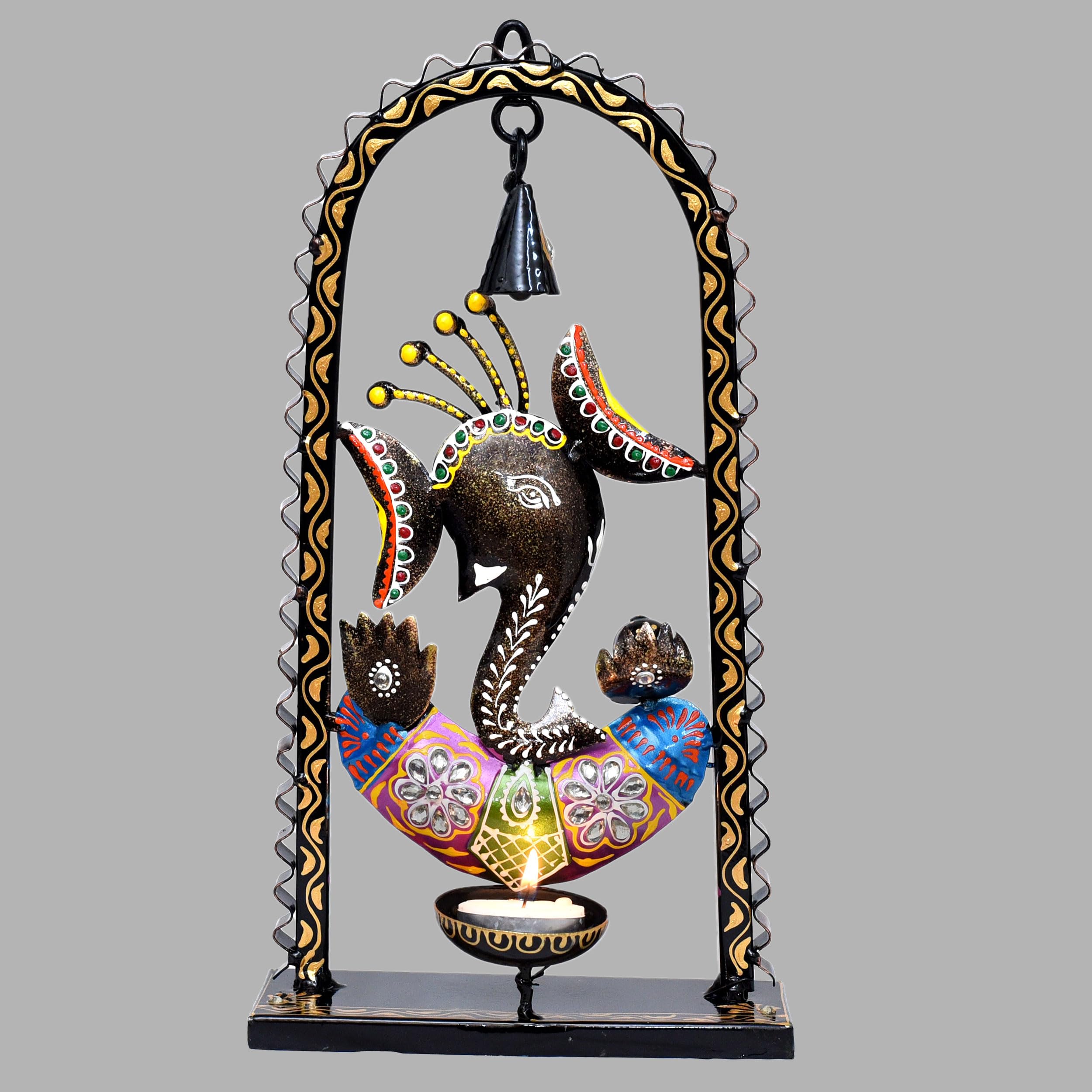KRAFTSKALA Ganesh Tea Light Candle Diya with Ringing Bell Decorative Metal Statue Showpiece for Living Room Home Decor, Tabletop, Diwali Gift