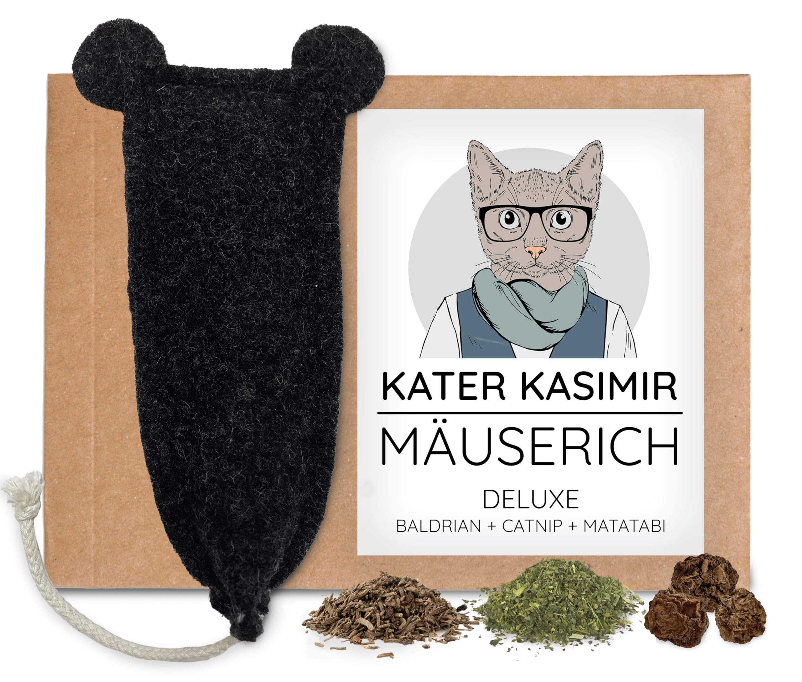Kater Kasimir MÄUSERICH Deluxe - die handgemachte XL Katzenspielzeug Maus mit Bio-Katzenminze, Bio-Baldrian und Matatabi-Früchte-Füllung zur Selbstbeschäftigung