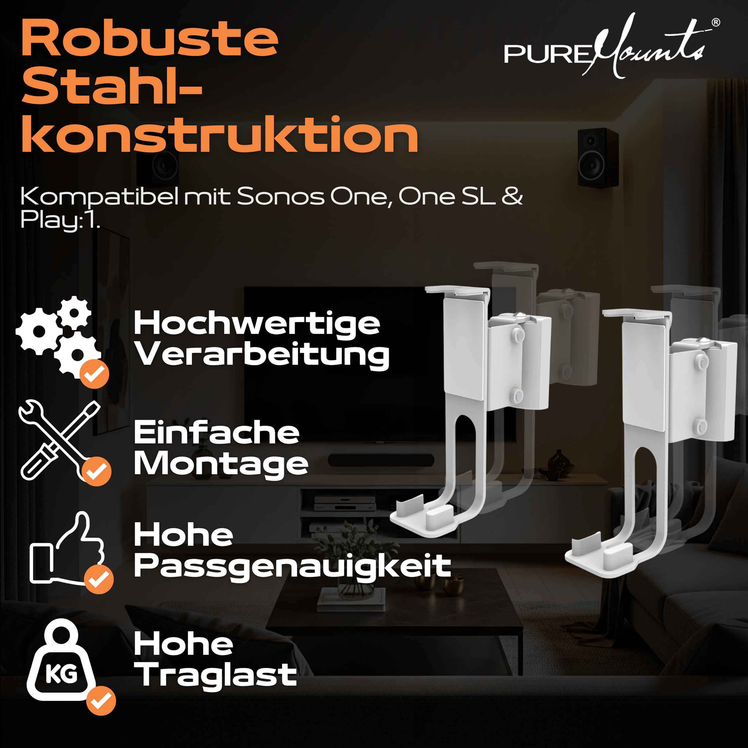 PureMounts, Lautsprecher-Halterung, Wandhalterung für Sonos One, One SL & Play:1, weiß