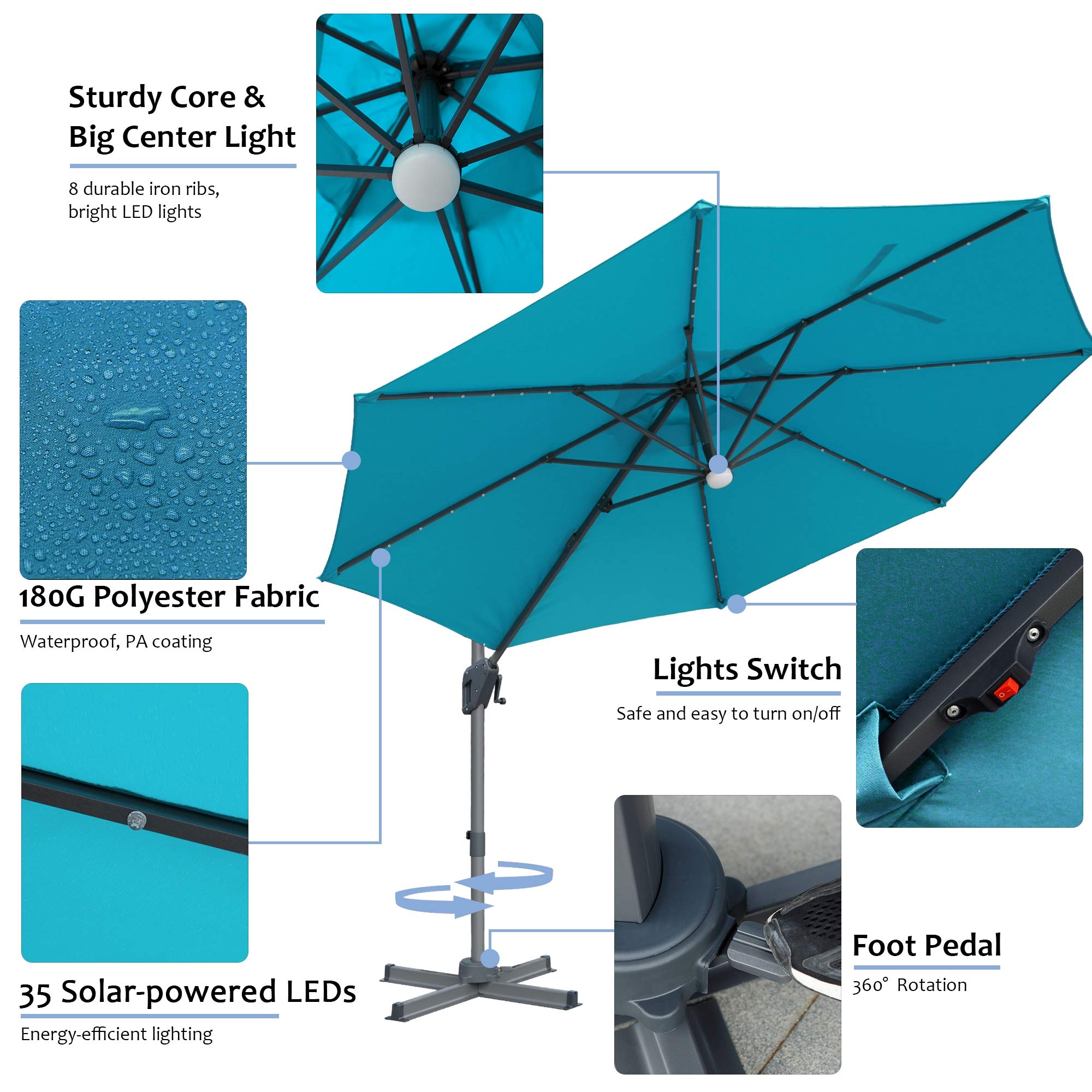 Buy Blissun 10ft Offset Umbrella with 36 Solar LED Lights, Hanging