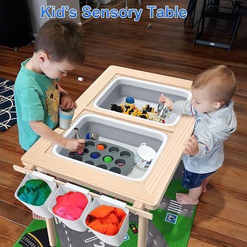 Miniatura 8 de KNOIER Mesa sensorial para niños pequeños de 1 a 3 años, mesa de arena de juego para niños pequeños con tapa y 2 contenedores de almacenamiento y 3