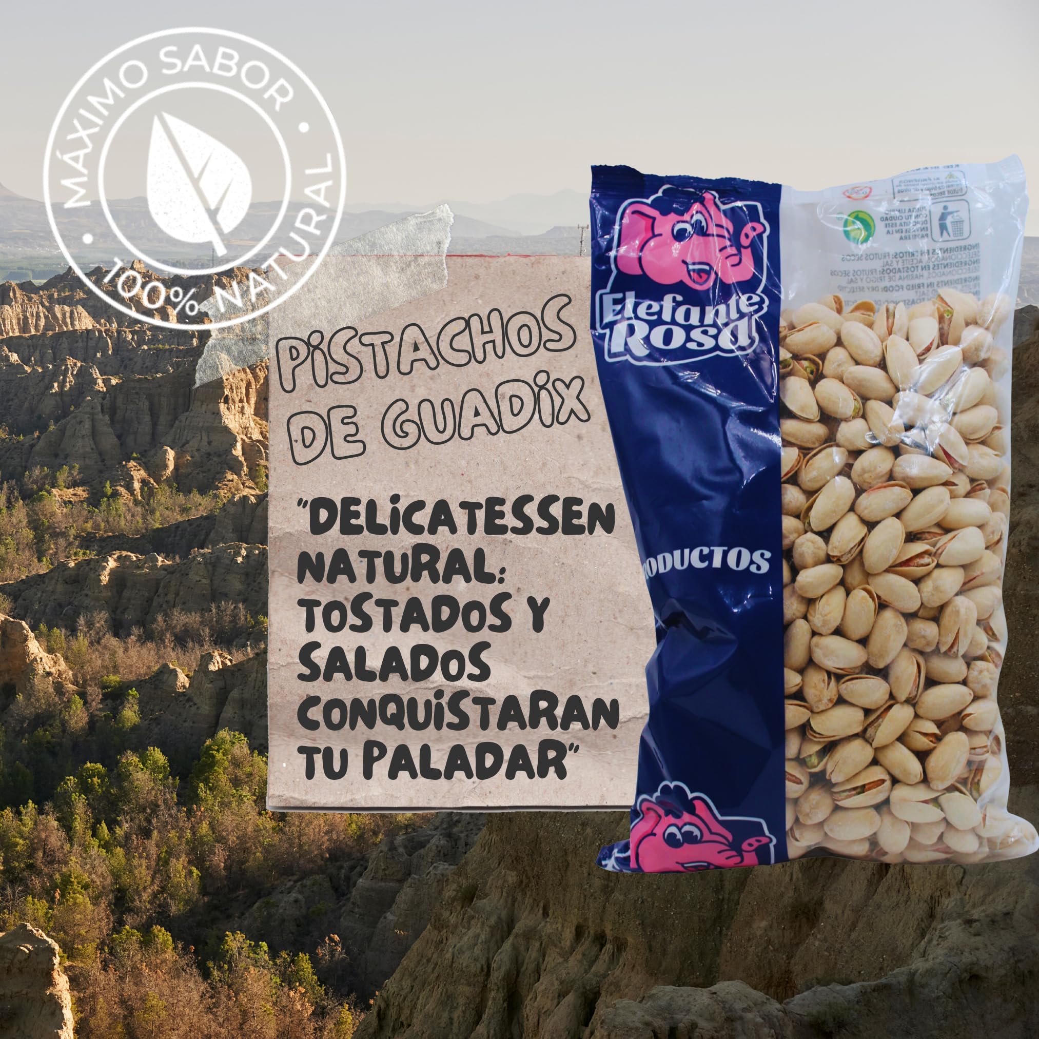 Pistachos Tostados con Sal Bolsa de 1 Kg - Elaborados por El Elefante Rosa Frutos Secos - Snack Saludable - Aperitivo Alto en Proteínas y Fibra - Ideal para Dietas Equilibradas - Pistachos Naturales