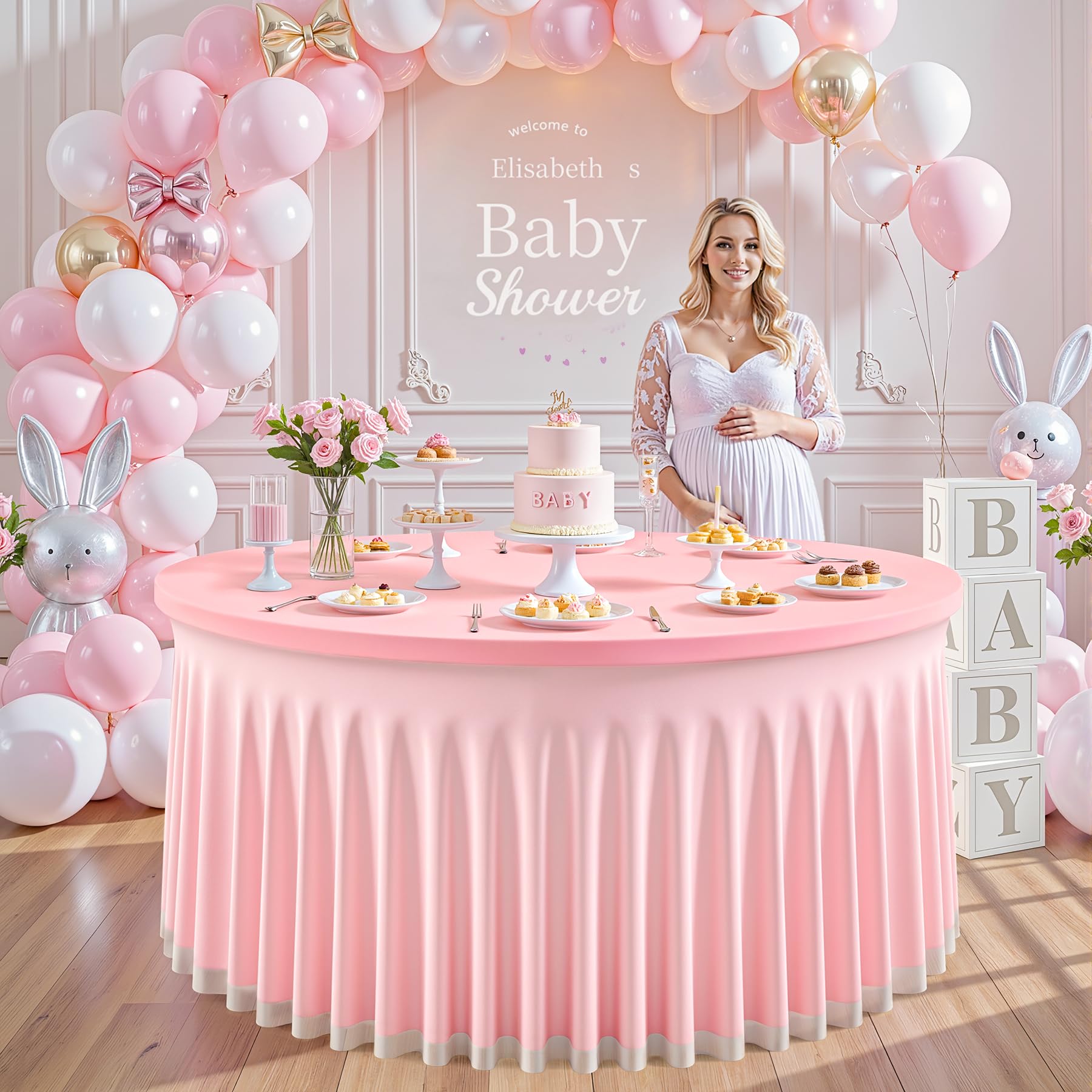 Photo 1 of [Stock photo for reference, not the same] Pink Tulle Round Tablecloth for 72 inch Tables, Spandex Fitted 6FT Pink Round Table Covers with Tulle Tutu Skirt for Baby Shower Wedding Birthday Party Cake Banquet Table Decoration