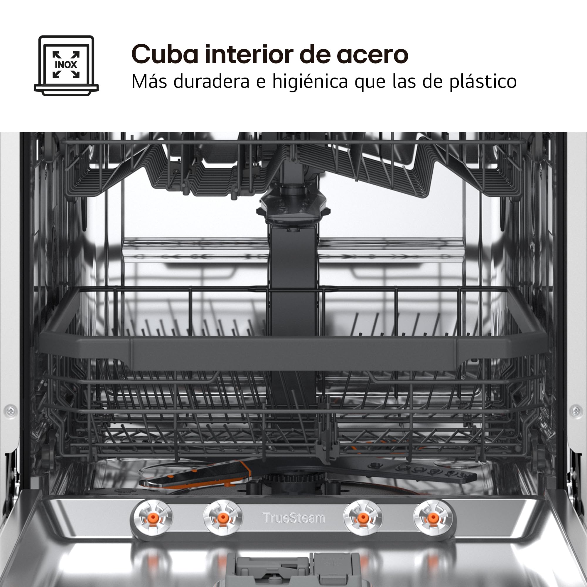 LG DF375HWS - Lavavajillas QuadWash Steam, Sistema EasyRack, Bandeja para Cubiertos, Wi-Fi ThinQ, TrueSteam, Apertura Automática, 14L, Eficiencia A, Blanco Marfil