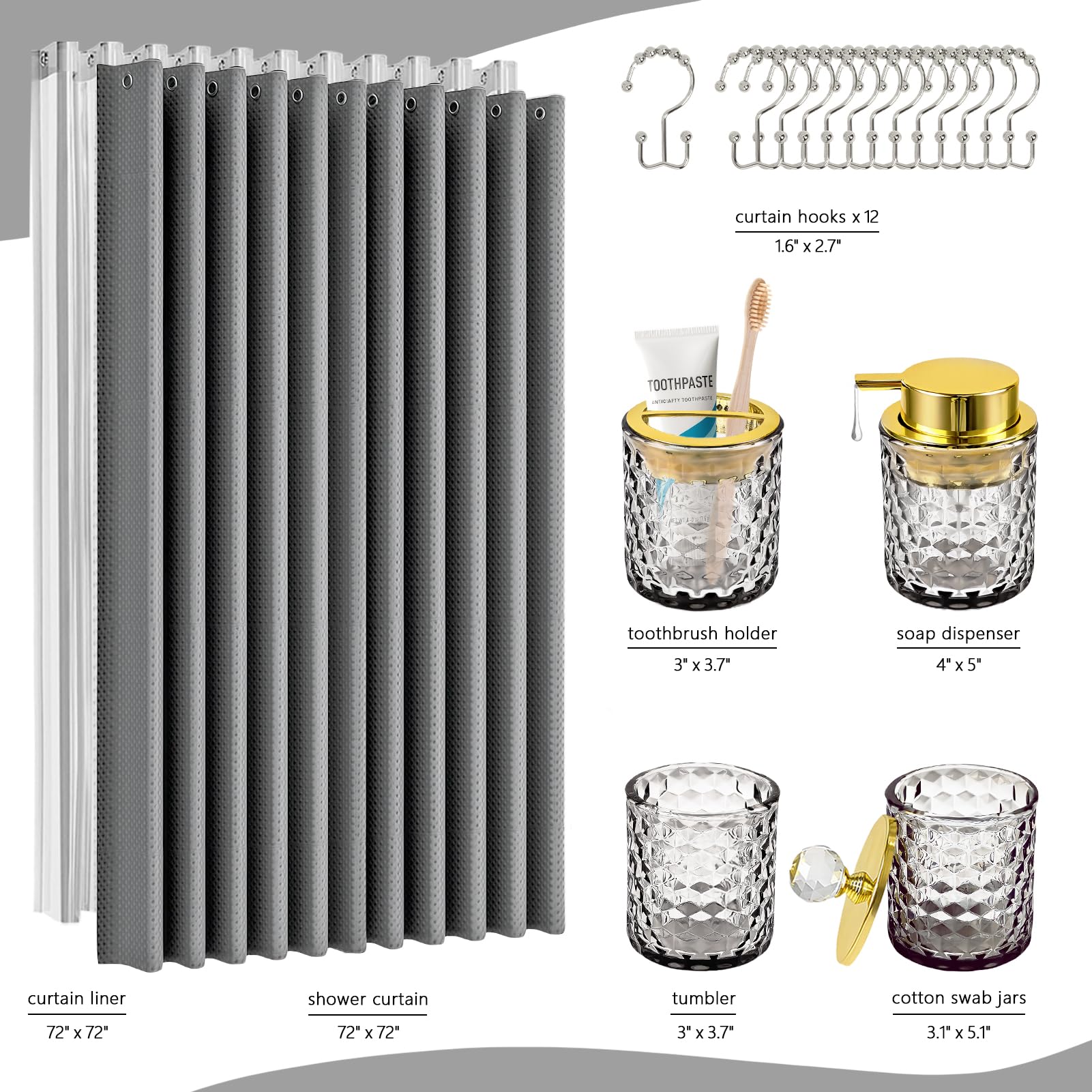 Black Bathroom Accessories set, 5Pcs Olive Glass Bathroom Decor Accessory Sets Complete, Lotion Soap Dispenser, Shower Curtain, Toothbrush Holder, Tumbler & Cotton Jars, Bathroomware for Decor in Home