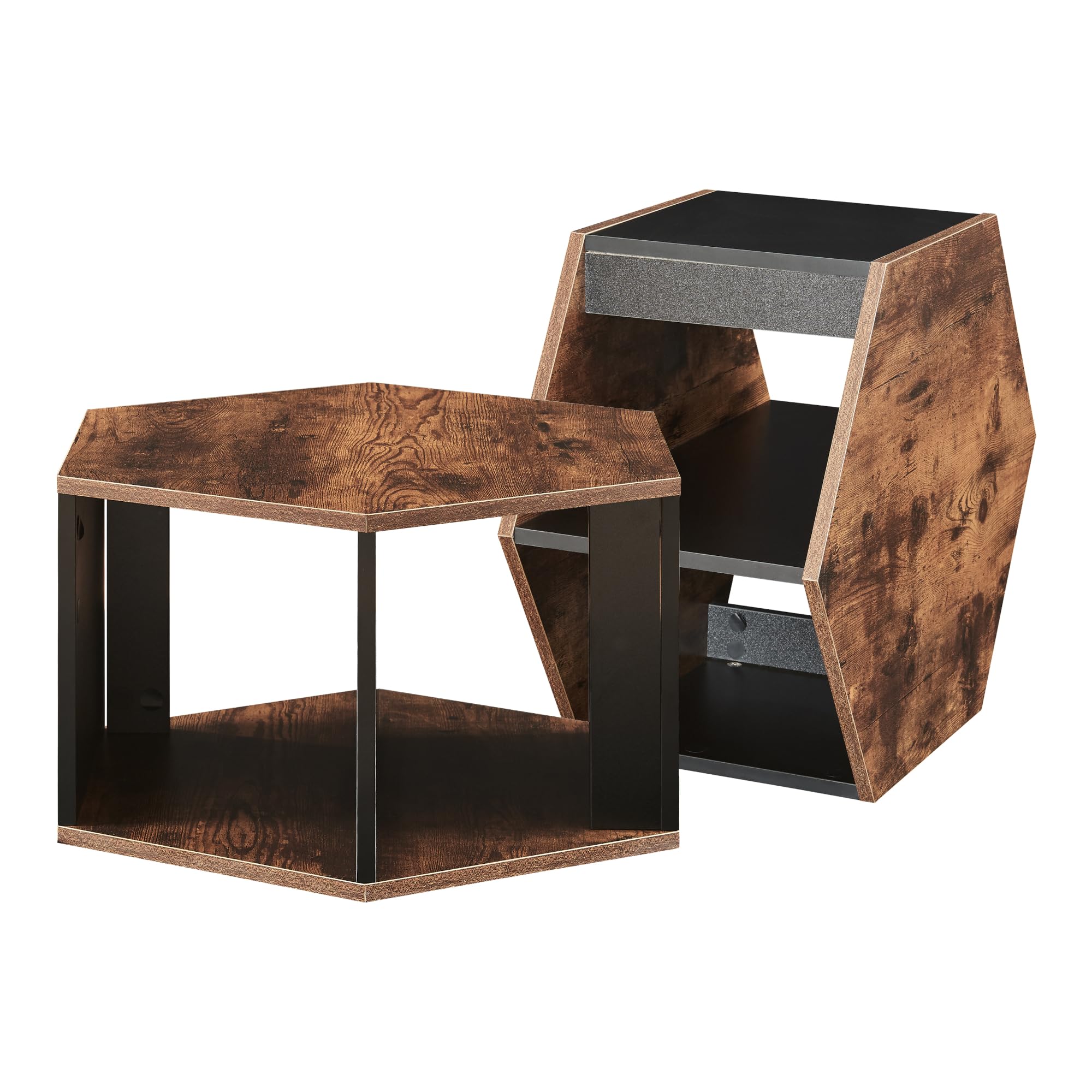 [en.casa] Set de 2 Mesas de Centro Molde Conjunto de Mesas Hexagonales de Posición Horizontal y Vertical con Compartimentos para Salón Oficina Aglomerado - Negro/Efecto Nogal