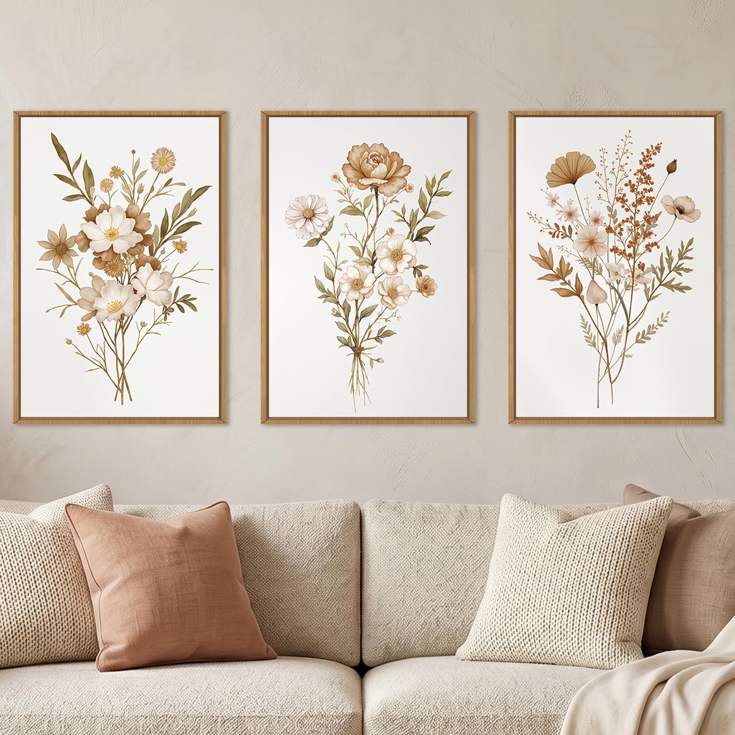 KAIRNE Neutral Boho Floral Botanical Framed Canvas Wall Art Set-24"x36"x3