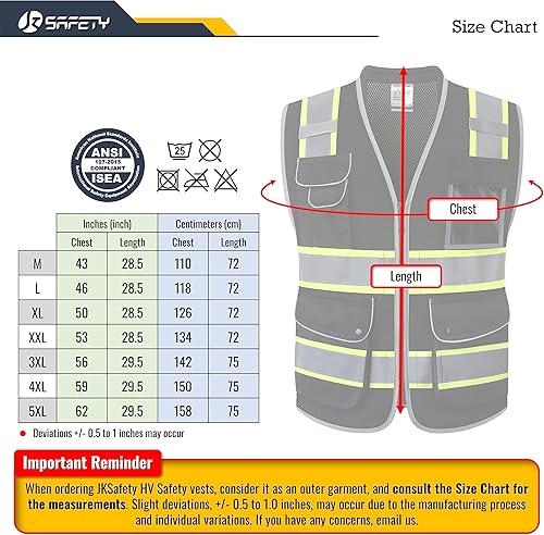 Miniatura 5 de JKSafety Chaleco de seguridad negro de alta visibilidad con 9 bolsillos para hombres y mujeres, de alta visibilidad, construcción reflectante, tela
