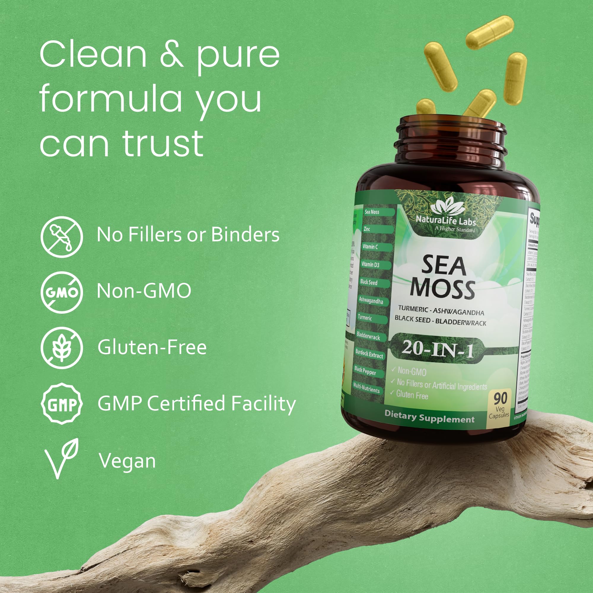 Sea Moss, Black Seed Oil, Bladderwrack, Turmeric, Ashwagandha, Burdock, Vitamin C, D3, Yellow Dock Root, Manuka, Dandelion - 90 Veggie caps