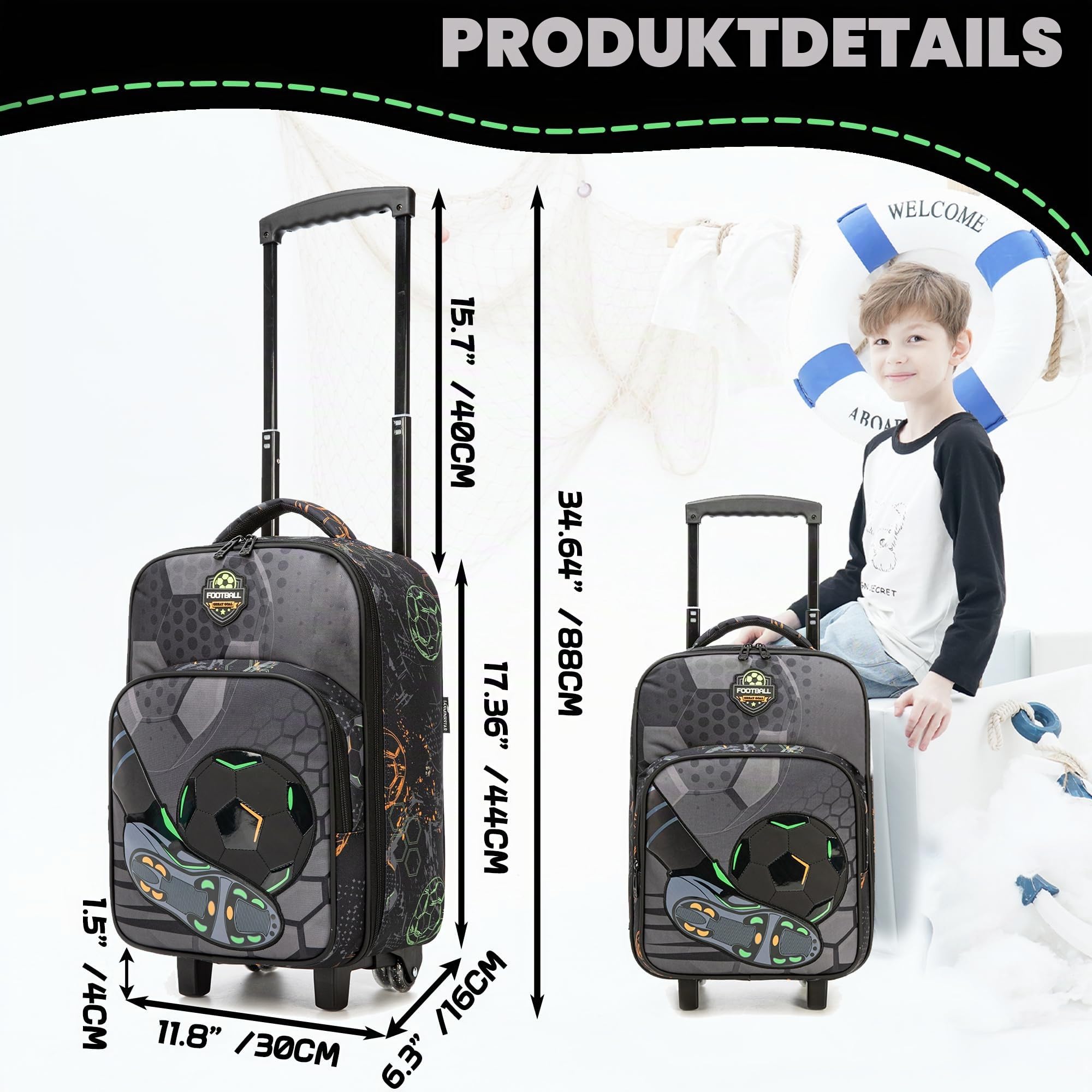 HTgroce 3 teiliges Kinderkoffer, Kindertrolley mit Sporttasche Kinder,Handgepäckkoffer Reisekoffer für Jungen