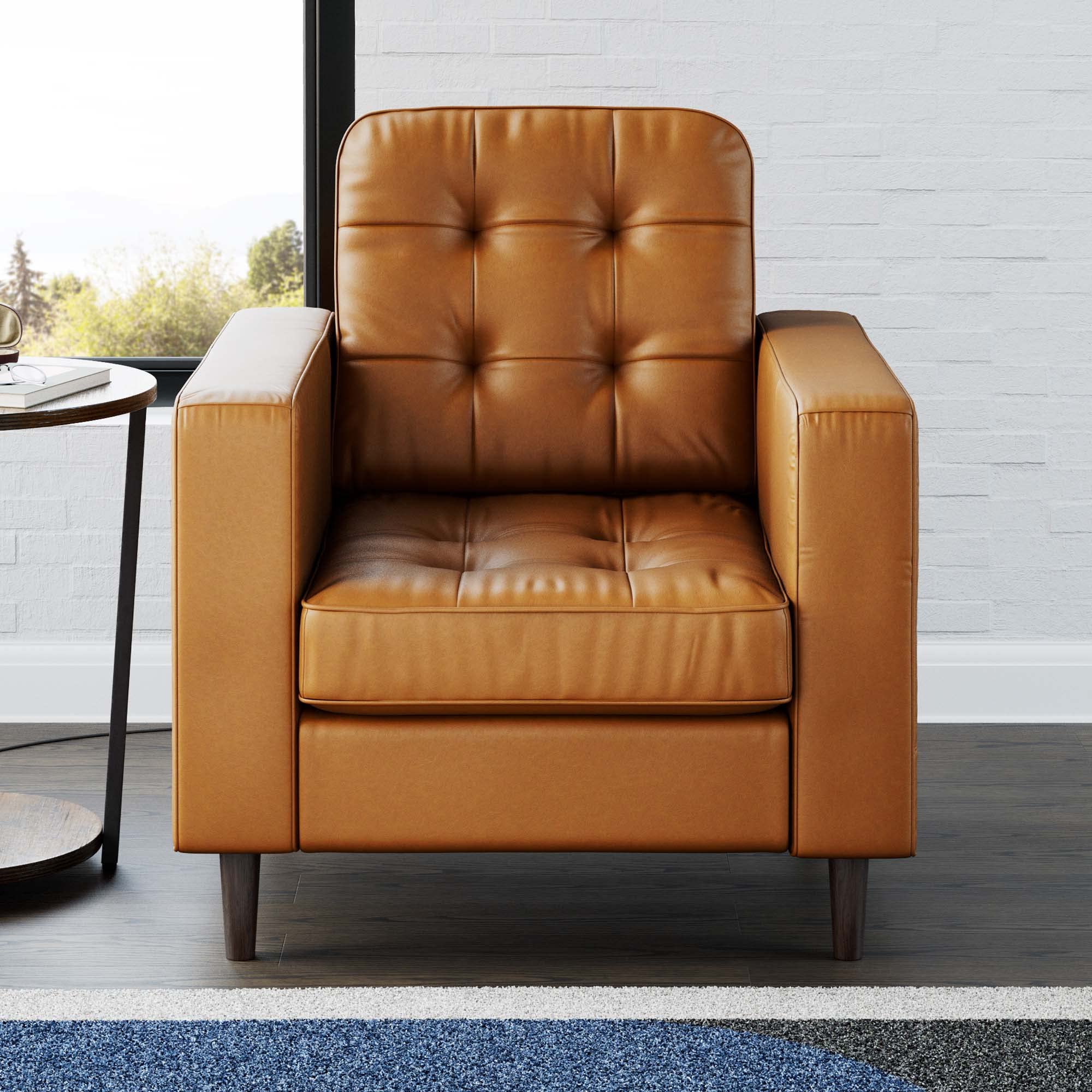 Edenbrook Lynnwood Upholstered Accent Chair - Living Room Furniture - Office - Bedroom - Mid-Century Modern Design - Armchair - Buttonless Tufting - Simple Assembly - Solid Frame - Camel Faux Leather