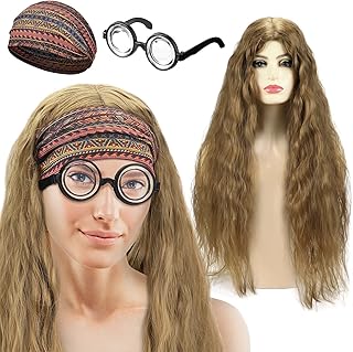 3 Pcs Halloween Costume Professor Costumes Wig Halloween Costume Movie Cosplay Punk Wig Thick Lens Nerd Dress up Costume Glasses Boho Wide Headbands for Halloween Cosplay
