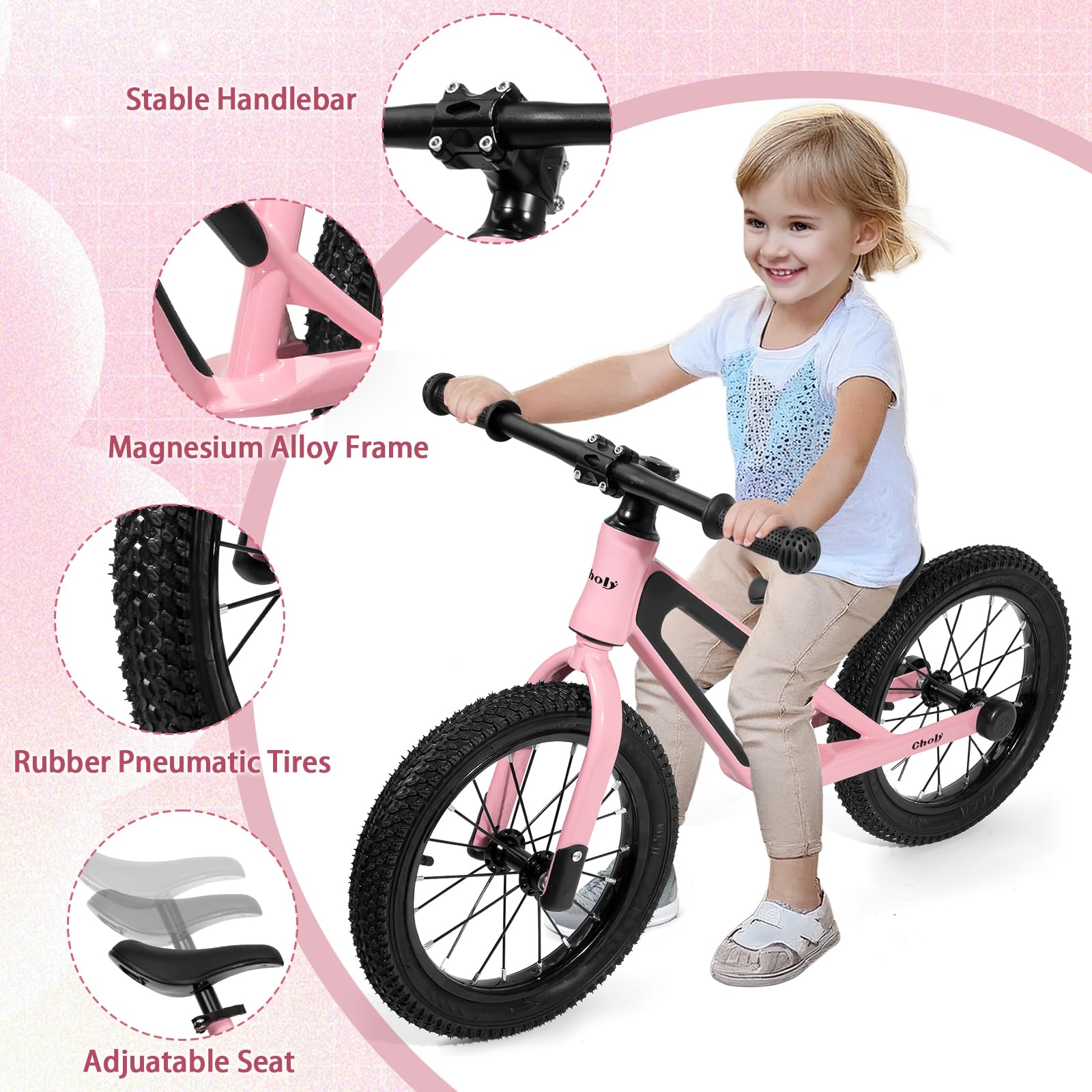 CHOLY Vélo sans pédales 14 pouces pour enfants 3-6 ans, siège réglable, pneus pneumatiques, cadre en alliage de magnésium