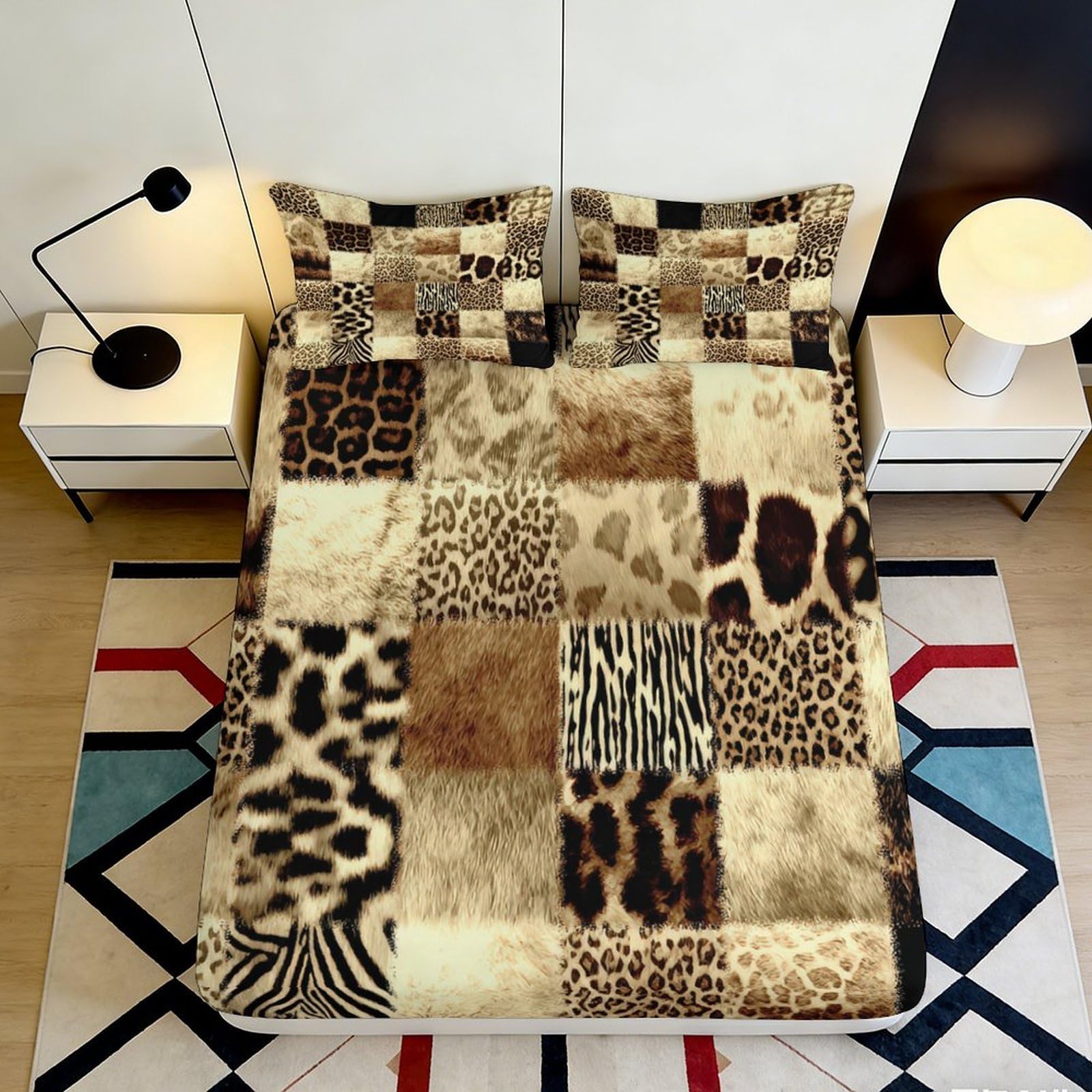 3D Printed Animal Patchwork Fitted Sheet Microfiber Soft Leopard Zebra Bed Cover for Bedroom Dorm Decor Mattress Protection 90x200x25cm